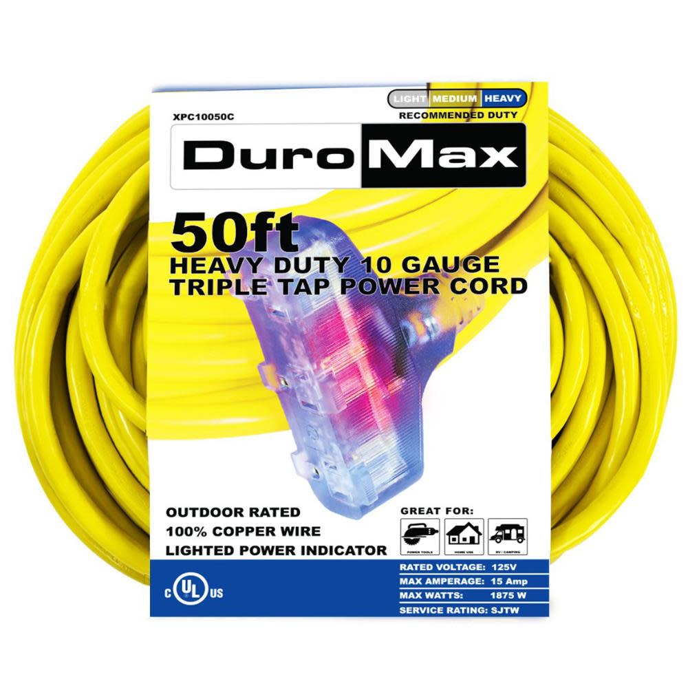Duromax SJTW Lit Extension Power Cord 50′ 10ga Triple Tap 100% Copper - Flockneti