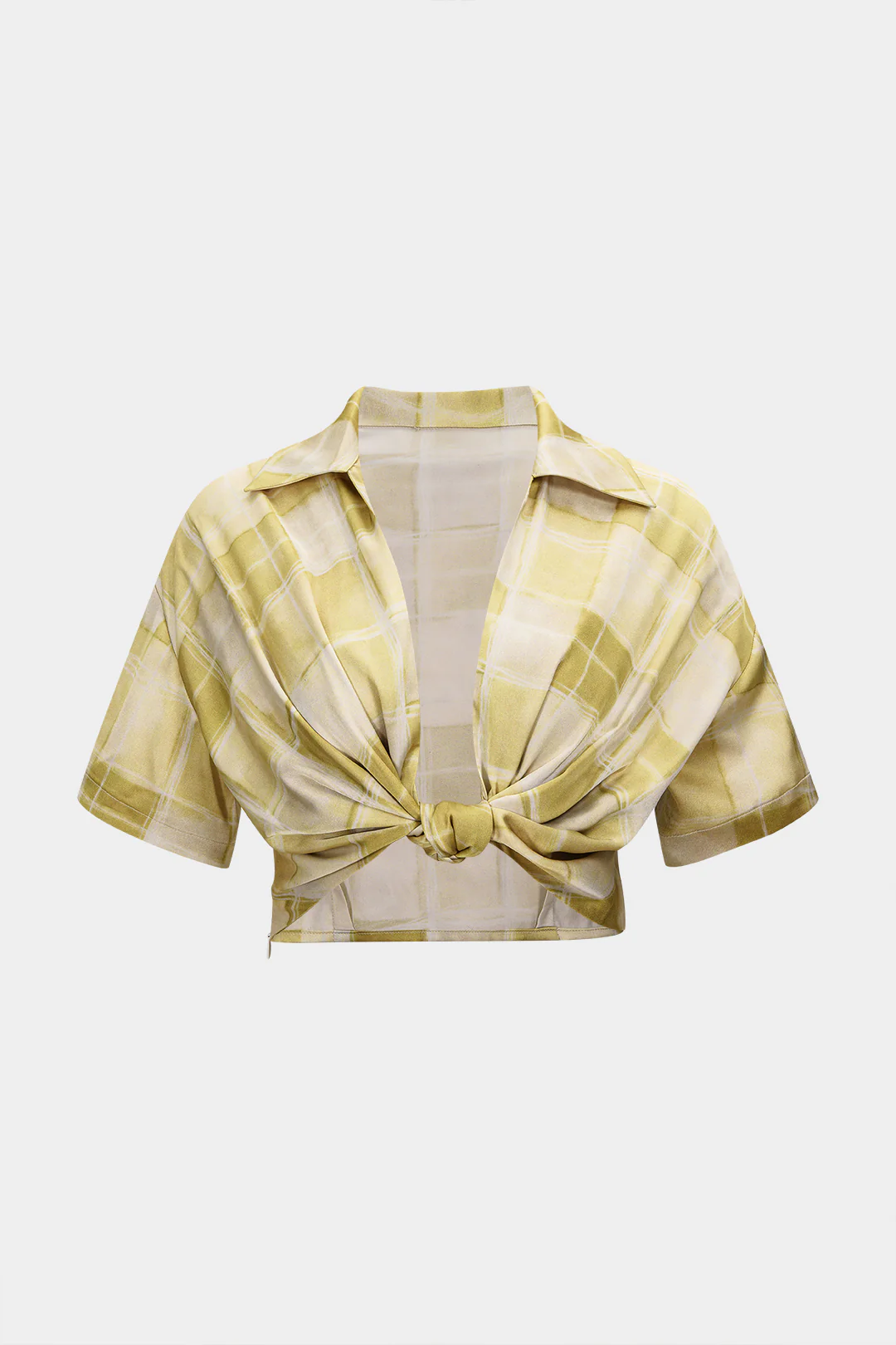 Plaid Print Satin Knotted Short-Sleeve Shirt - Flockneti
