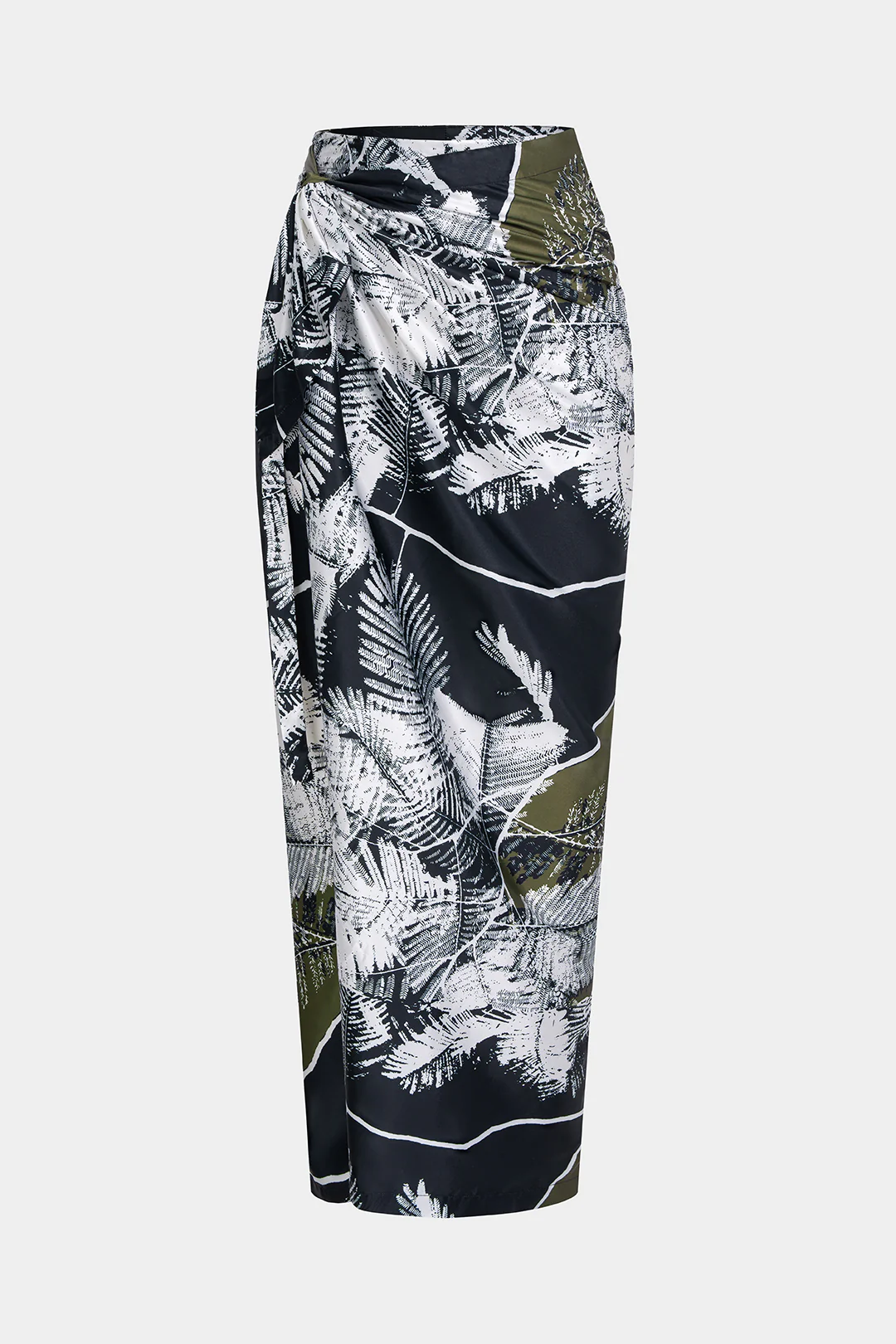 Leaves Print Satin Asymmetrical Tie-Up Ruched Skirt - Flockneti