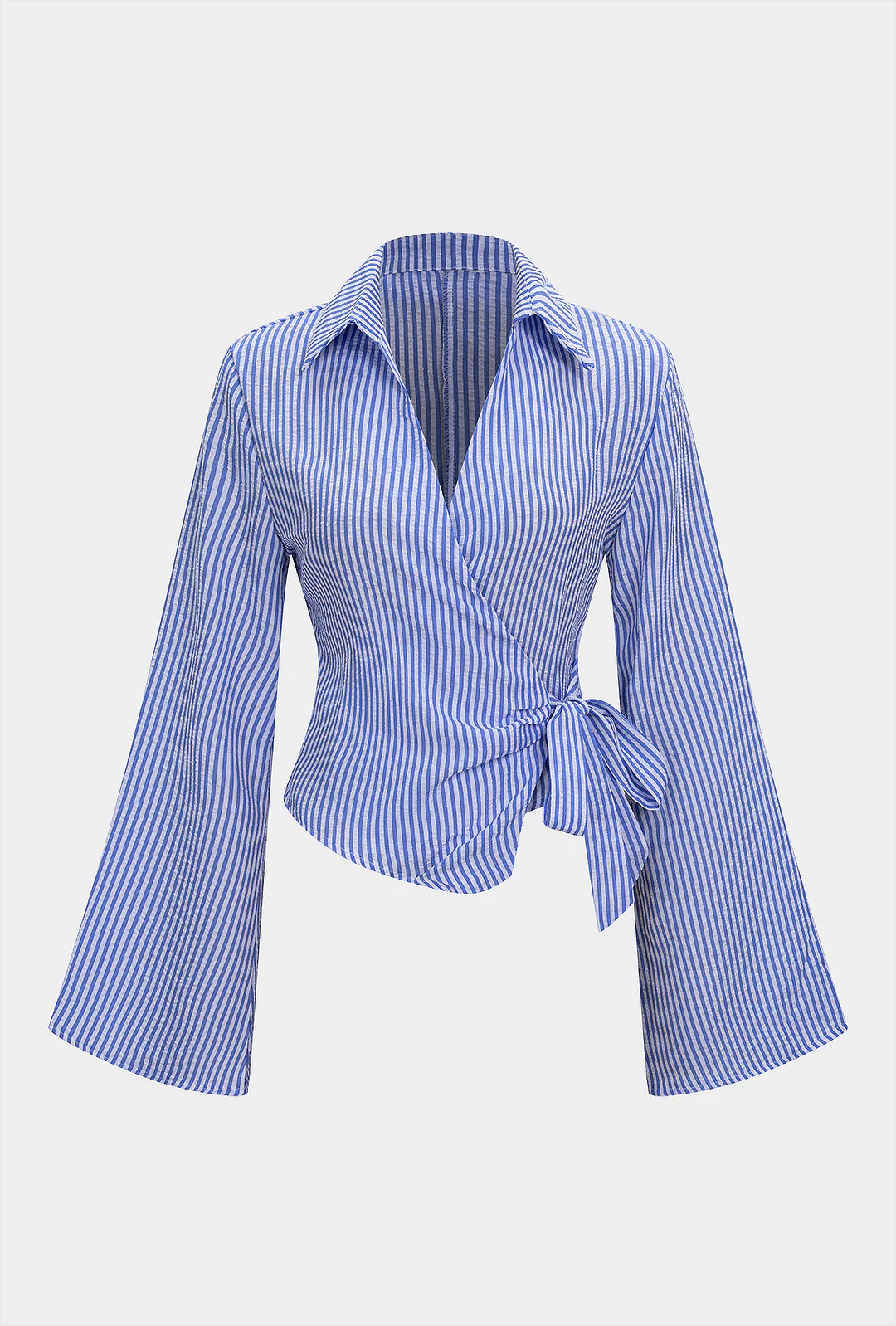 Stripes Print V-Neck Tie-Up Long-Sleeve Shirt - Flockneti