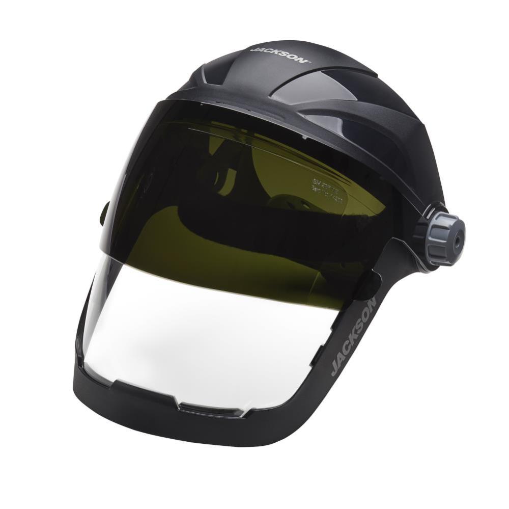 Jackson Safety QUAD 500 Premium Multi-Purpose Face Shield – Clear Window with Shade 5 IR Flip Visor – Anti-Fog Coating – 370 Speed Dial Ratcheting Headgear - Flockneti
