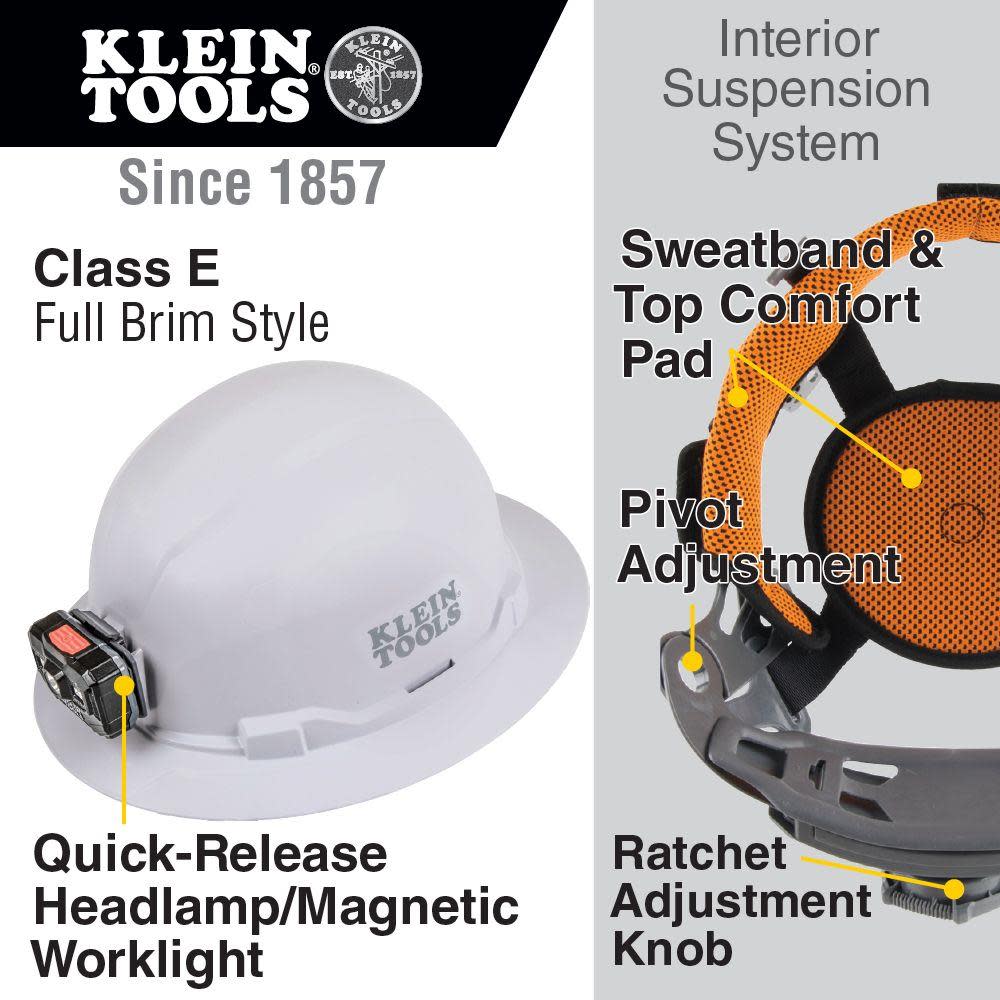 Klein Tools Hard Hat Non-vented Full Brim with Rechargeable Headlamp White - Flockneti