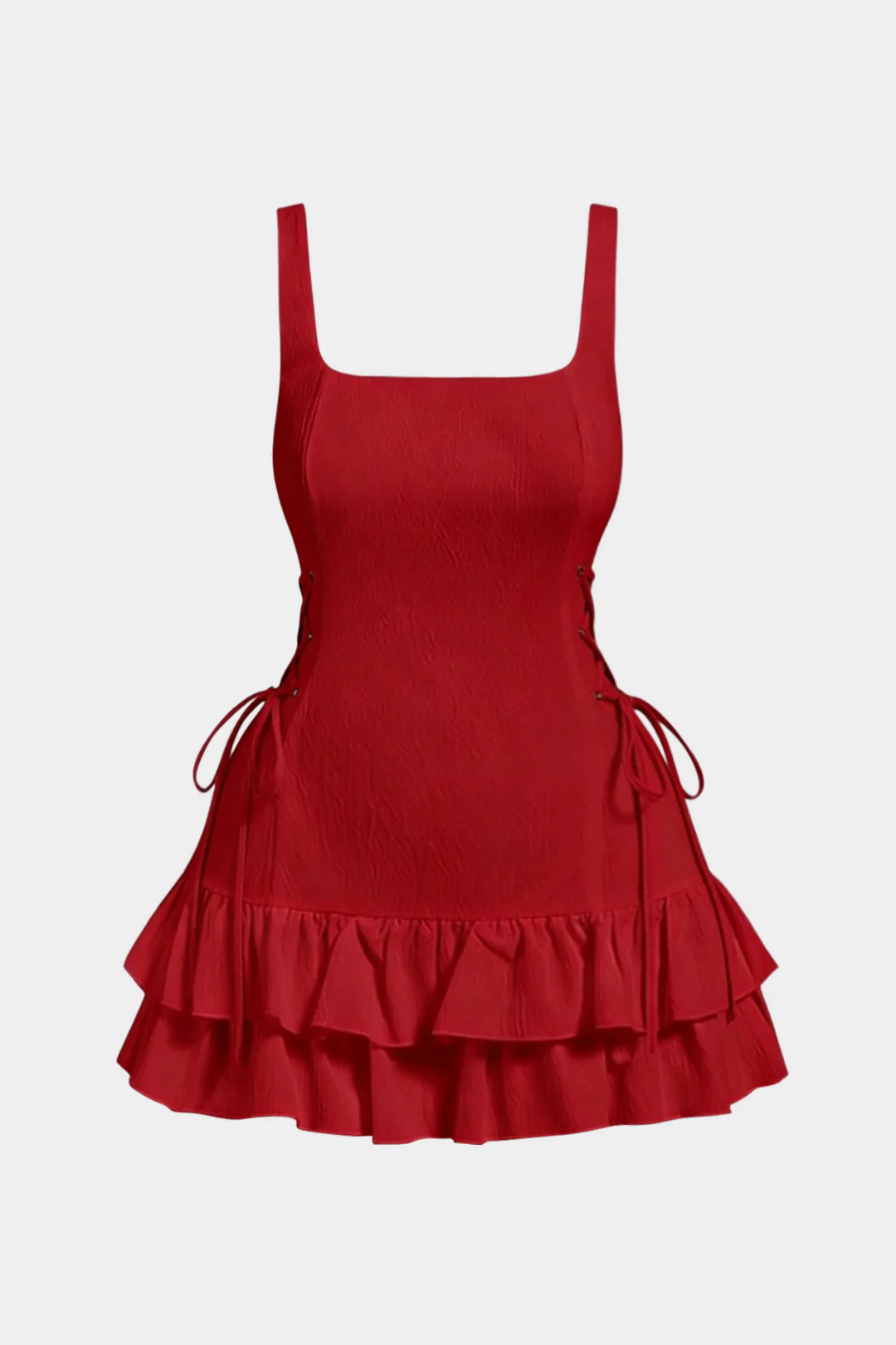 Plus Size Square Neck Lace Up Ruffle Hem Sleeveless Mini Dress - Flockneti