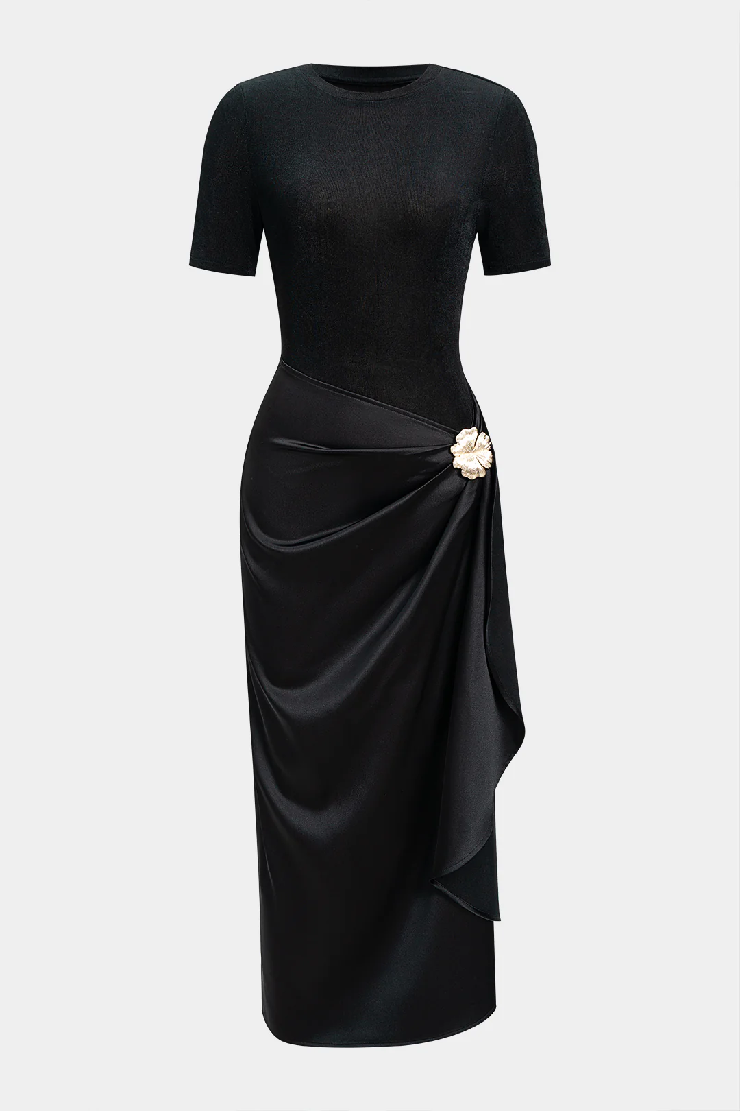 Metallic Decor Ruched Short Sleeve Midi Dress - Flockneti