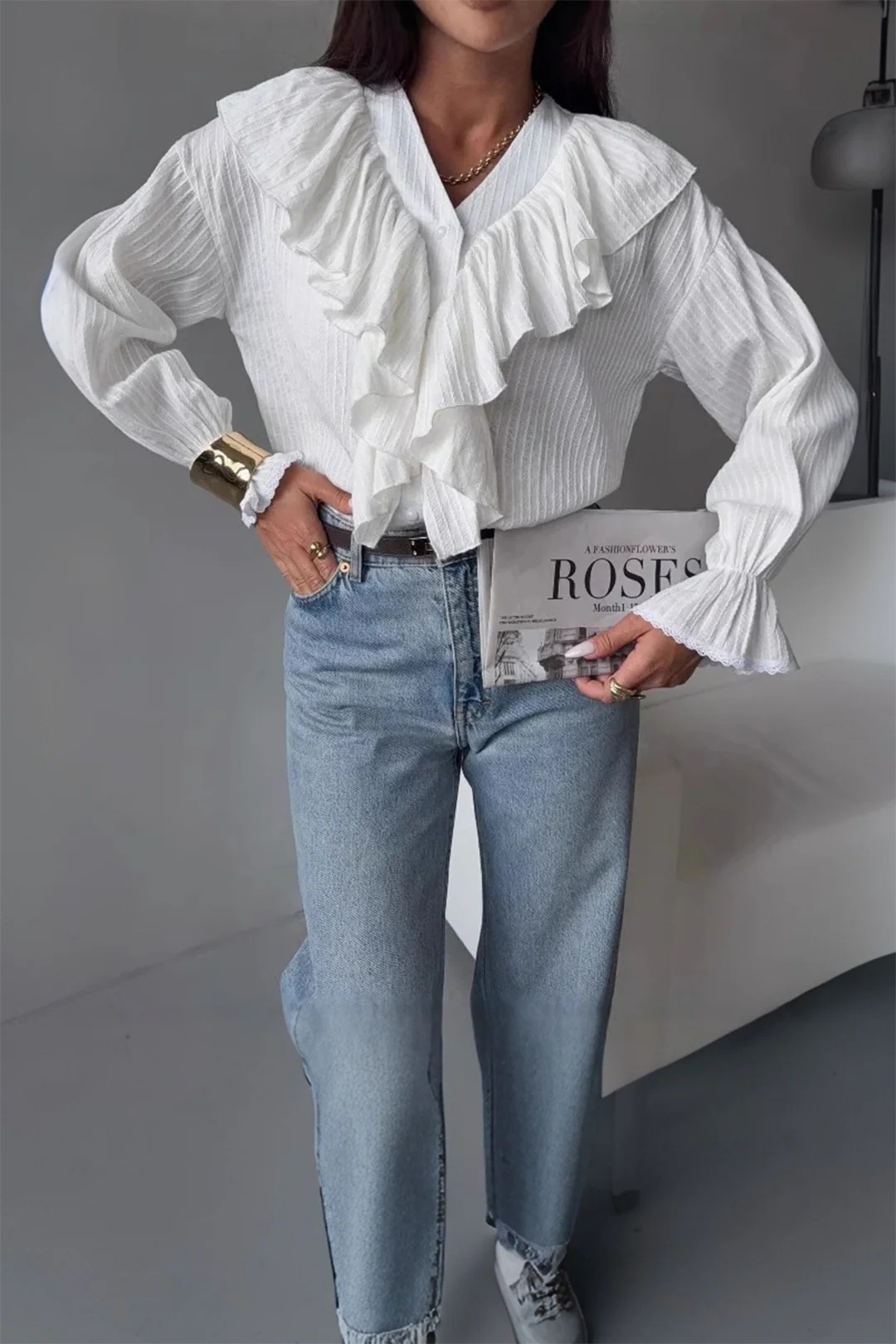 Ruffle V-Neck Long-Sleeve Shirt - Flockneti