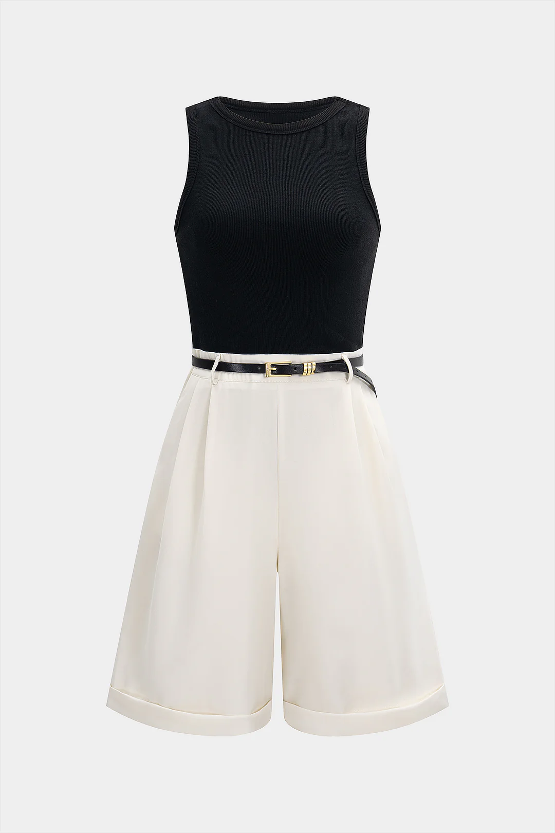 Contrast Patchwork Belted Sleeveless Romper - Flockneti