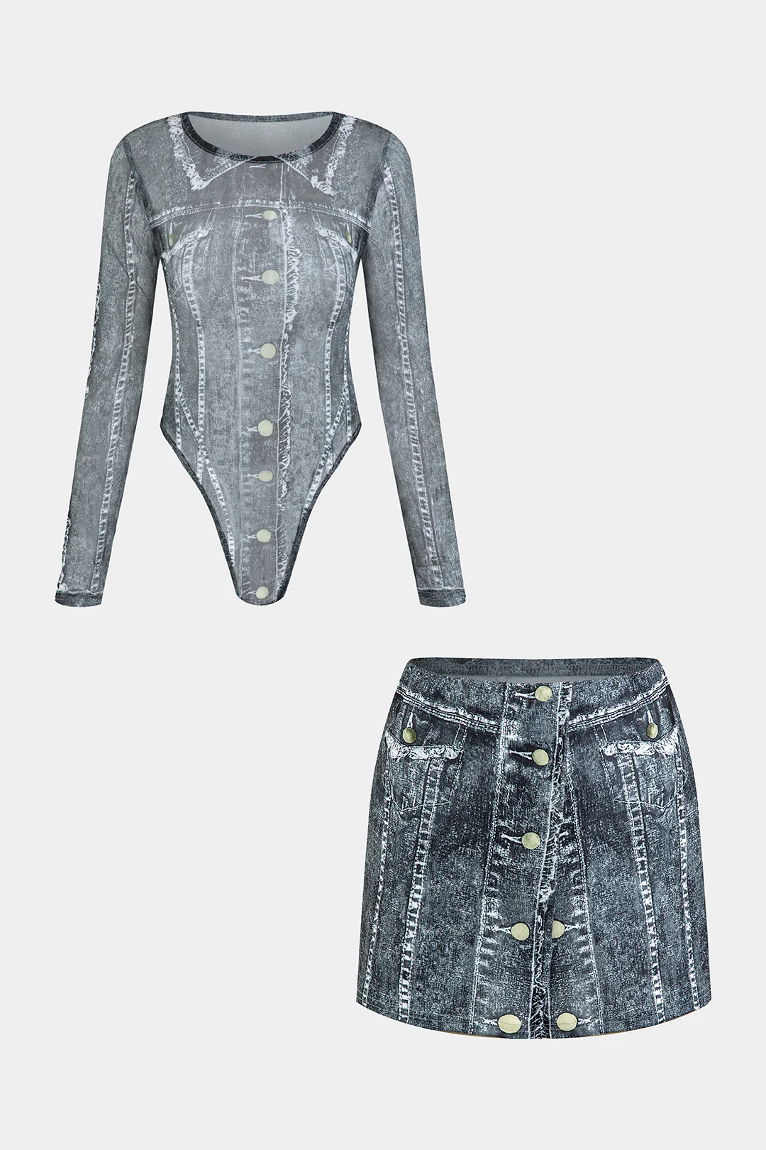 Mesh Fake Button Long Sleeve BodySuit  And Skirt Set - Flockneti
