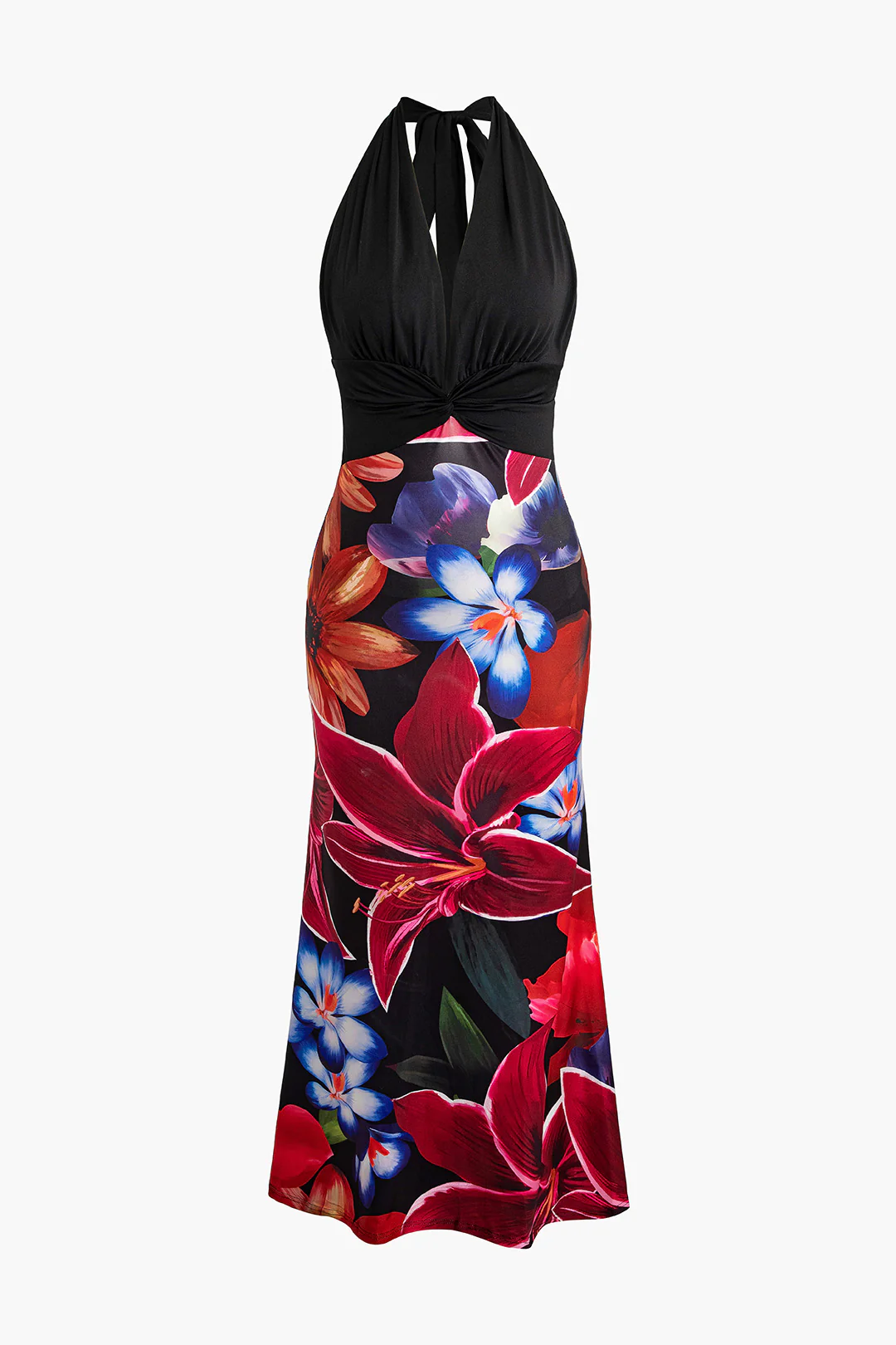 Floral Print Halter Neck Tie Up Backless Patchwork Sleeveless Maxi Dress - Flockneti