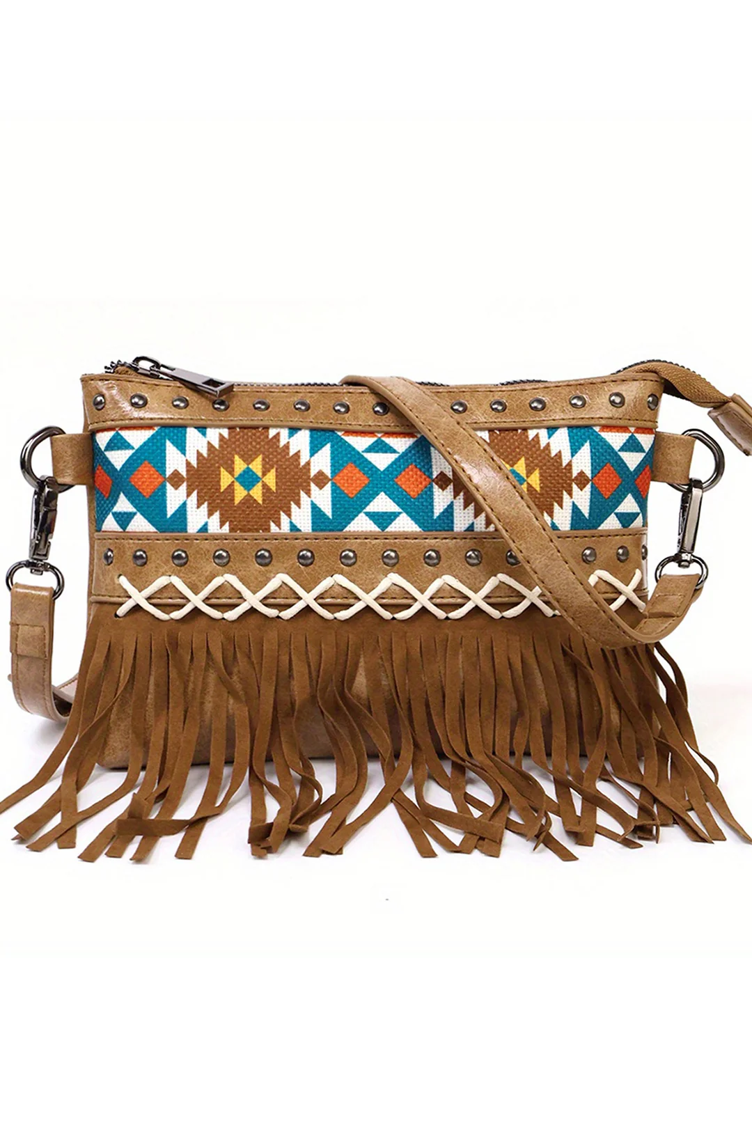 Retro Print Canvas Fringe Cross-Body Bag - Flockneti