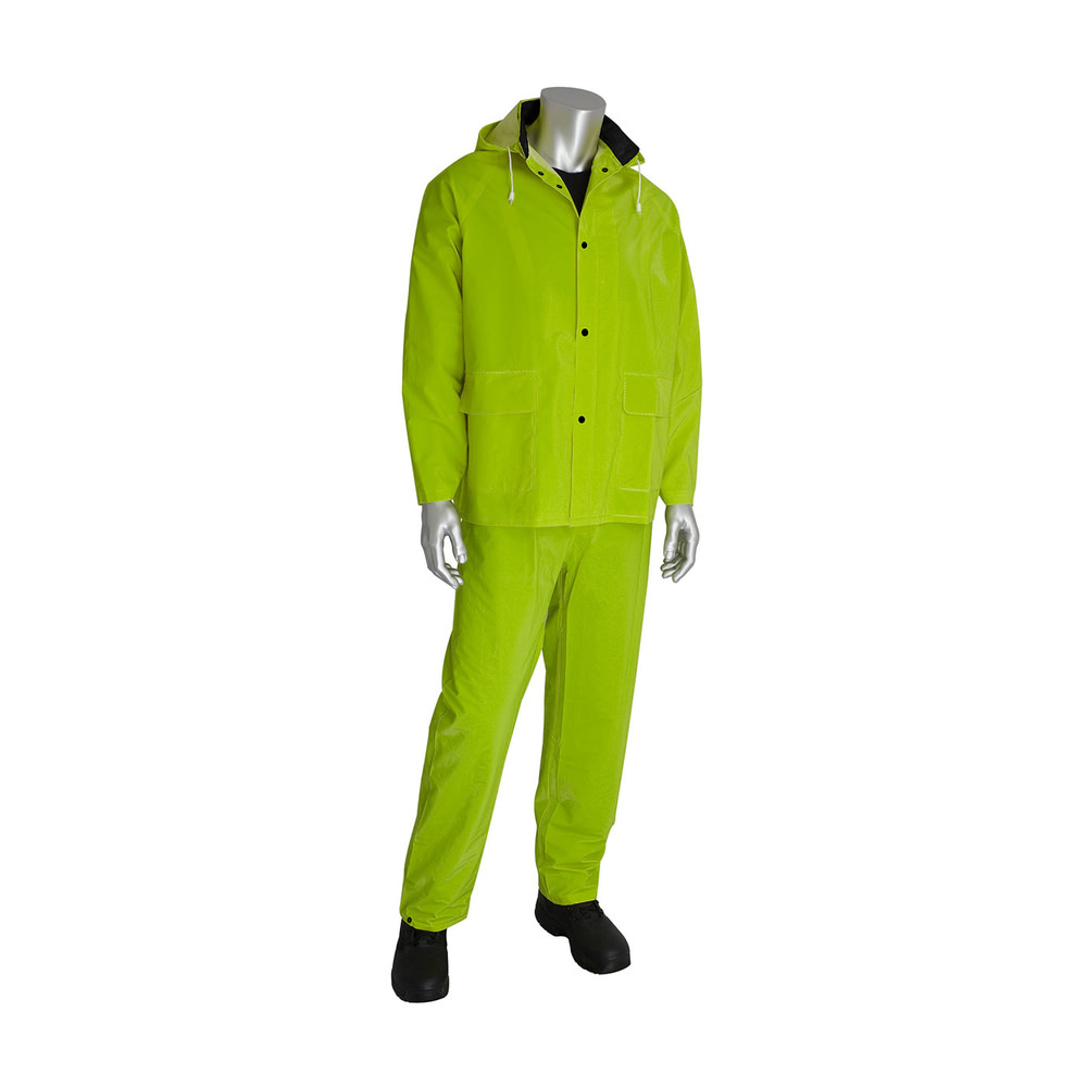 Rainsuit 3pc. .35mm PVC/Polyester, Hood, Corduroy Collar, Hi Vis LY, S - Flockneti