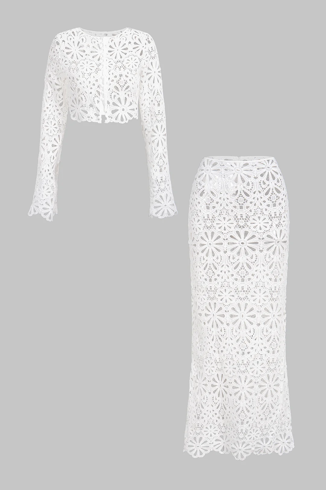 Lace Round Neck Hollow Out Long Sleeve Top And Skirt Set - Flockneti