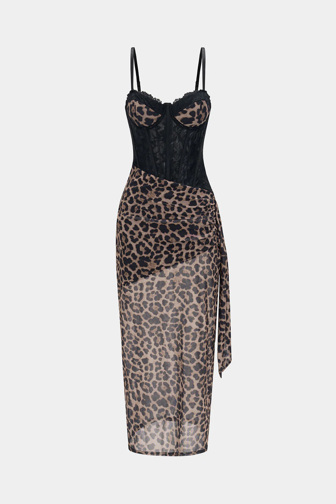 Leopard Print Bustier Lace Slip Sleeveless Maxi Dress - Flockneti