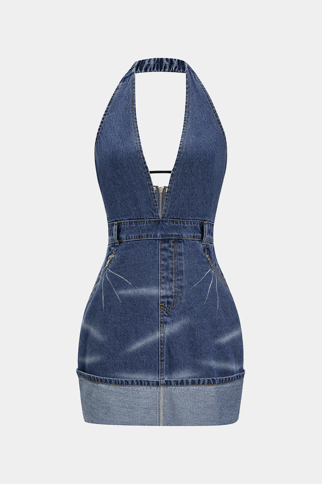 Denim Backless Washed Zipper Halter Mini Dress - Flockneti