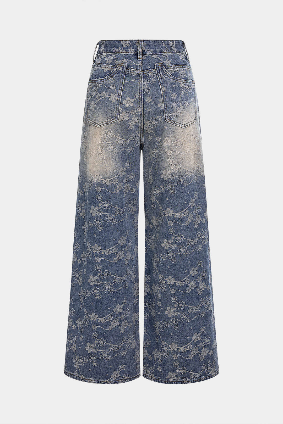 Denim Floral Print Rhinestone Pocket Straight Leg Jeans - Flockneti