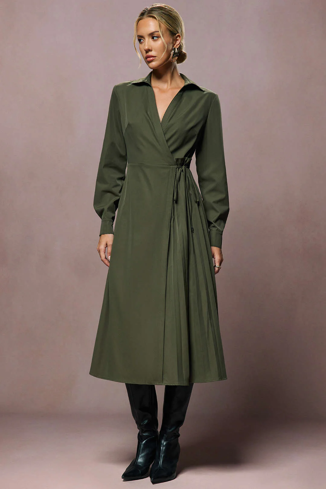 Tie-Up V-Neck Long Sleeve Midi Dress - Flockneti