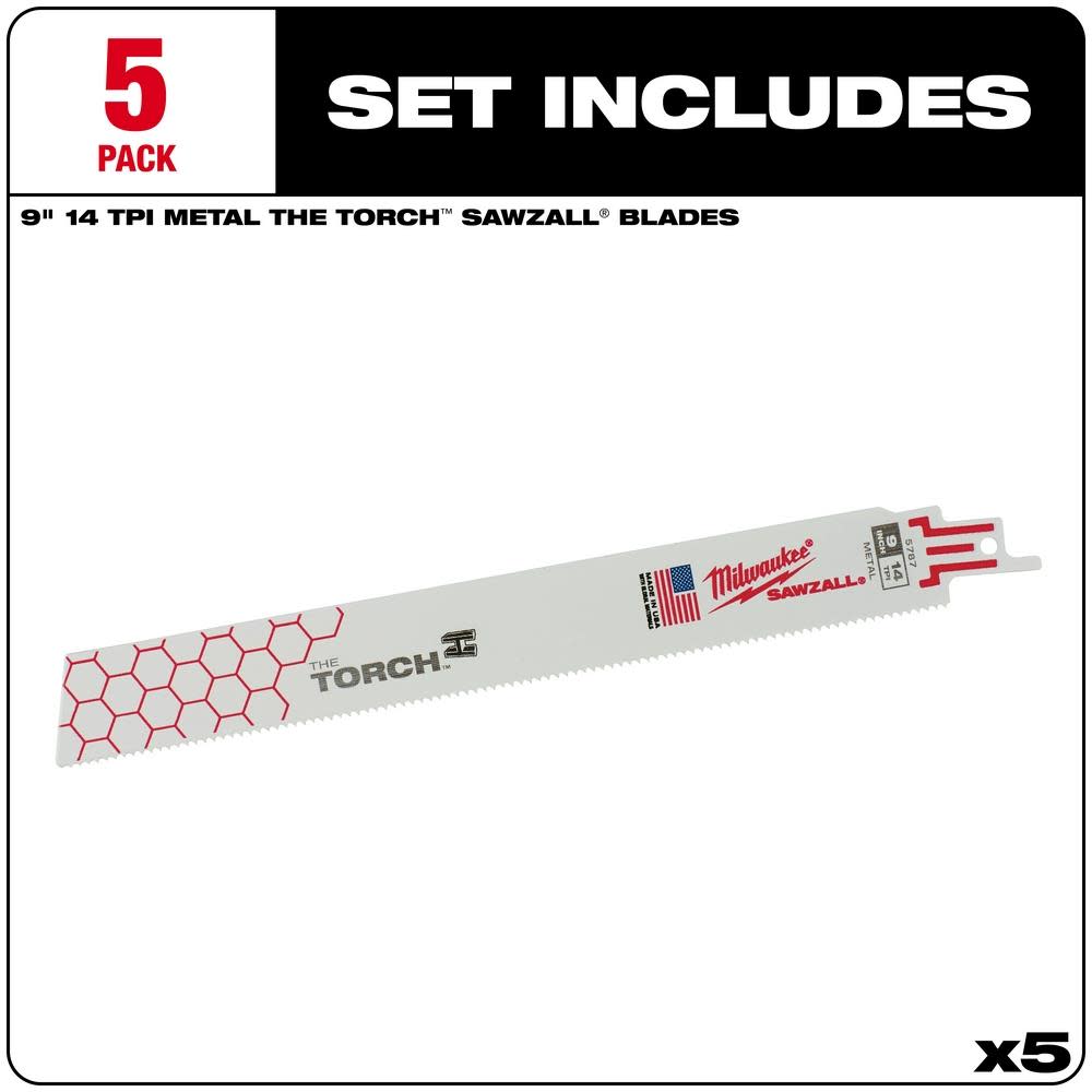 Milwaukee 9 in. 14 TPI THE TORCH SAWZALL Blade 5PK - Flockneti