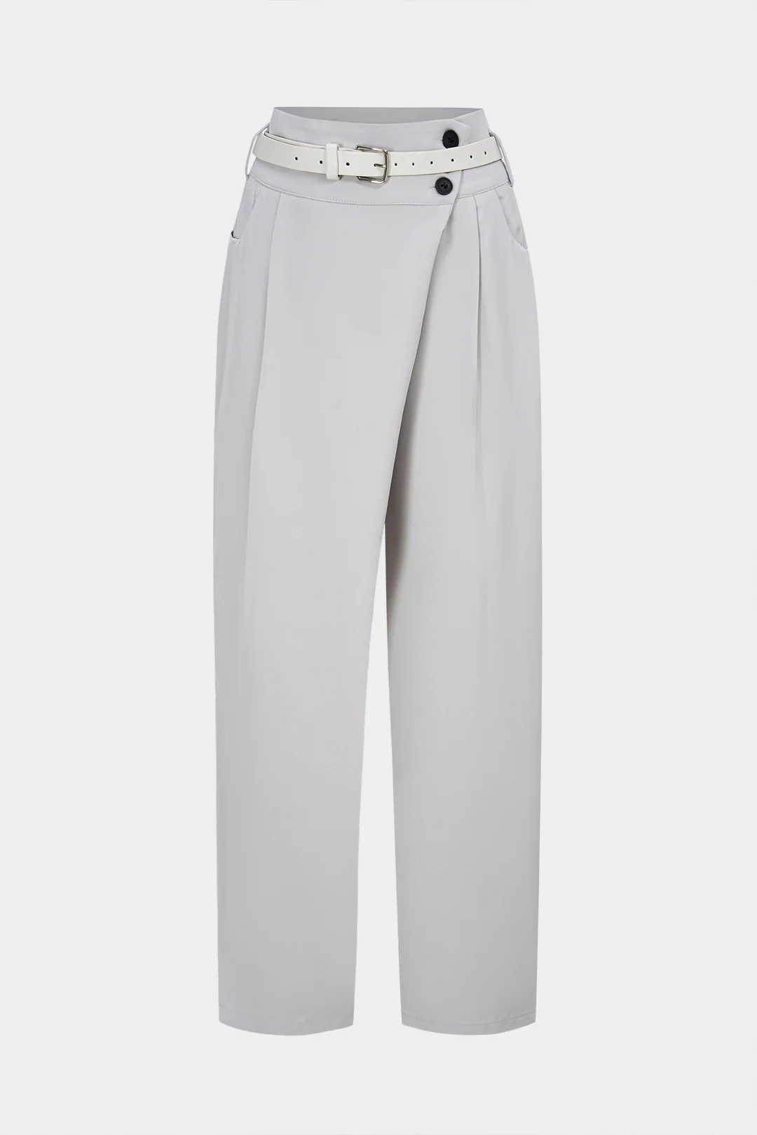 Belted Button Asymmetrical High Waist Pants - Flockneti