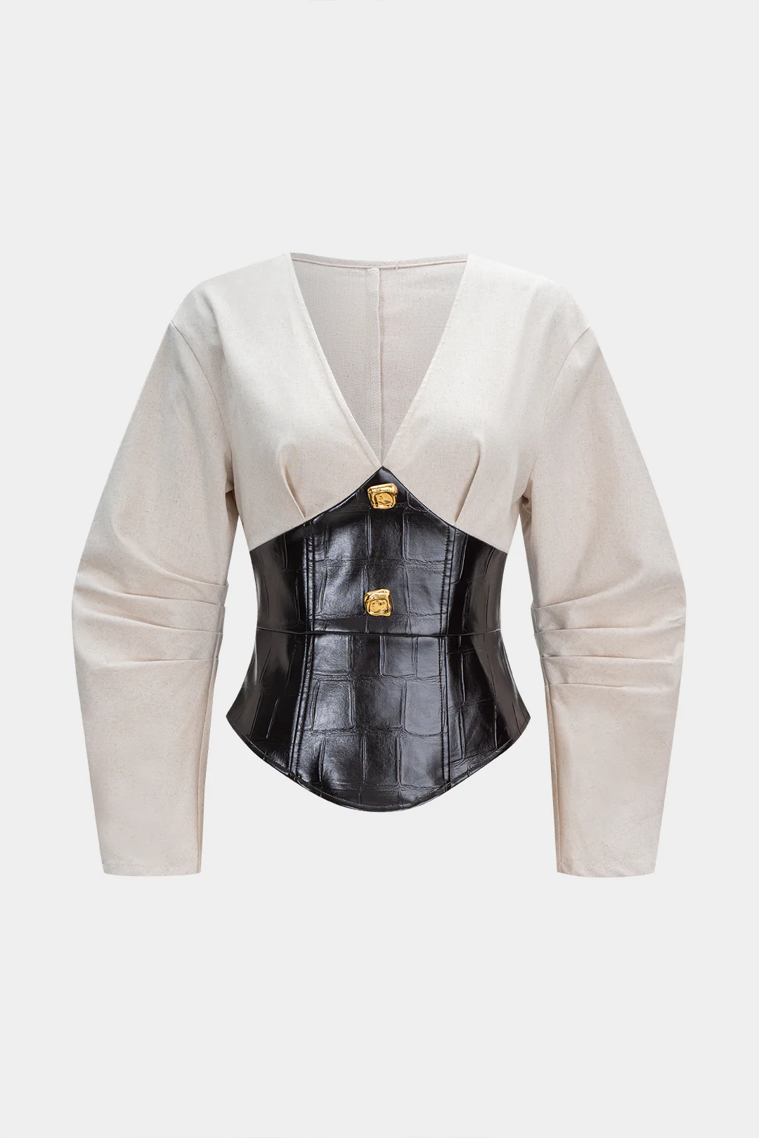 Faux Leather Metallic Button V-Neck Waist-Cinching Long-Sleeve Shirt - Flockneti
