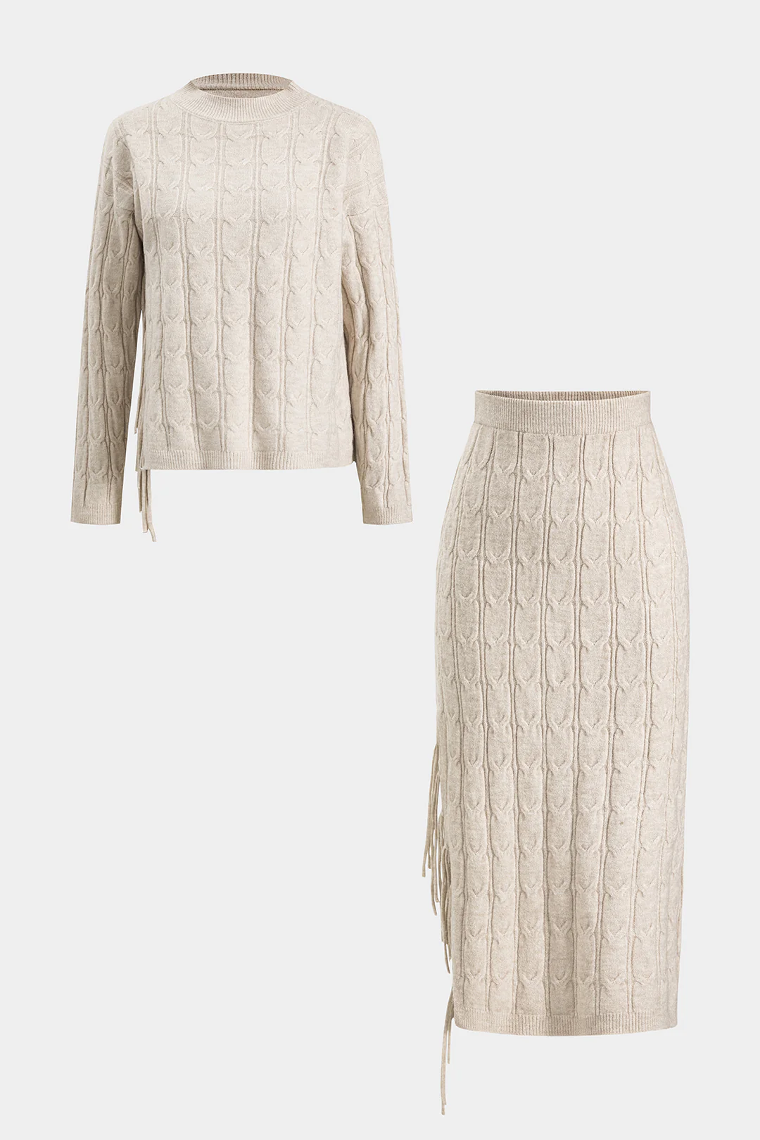 Cable Knit Fringe Long-Sleeve Top And Skirt Set - Flockneti