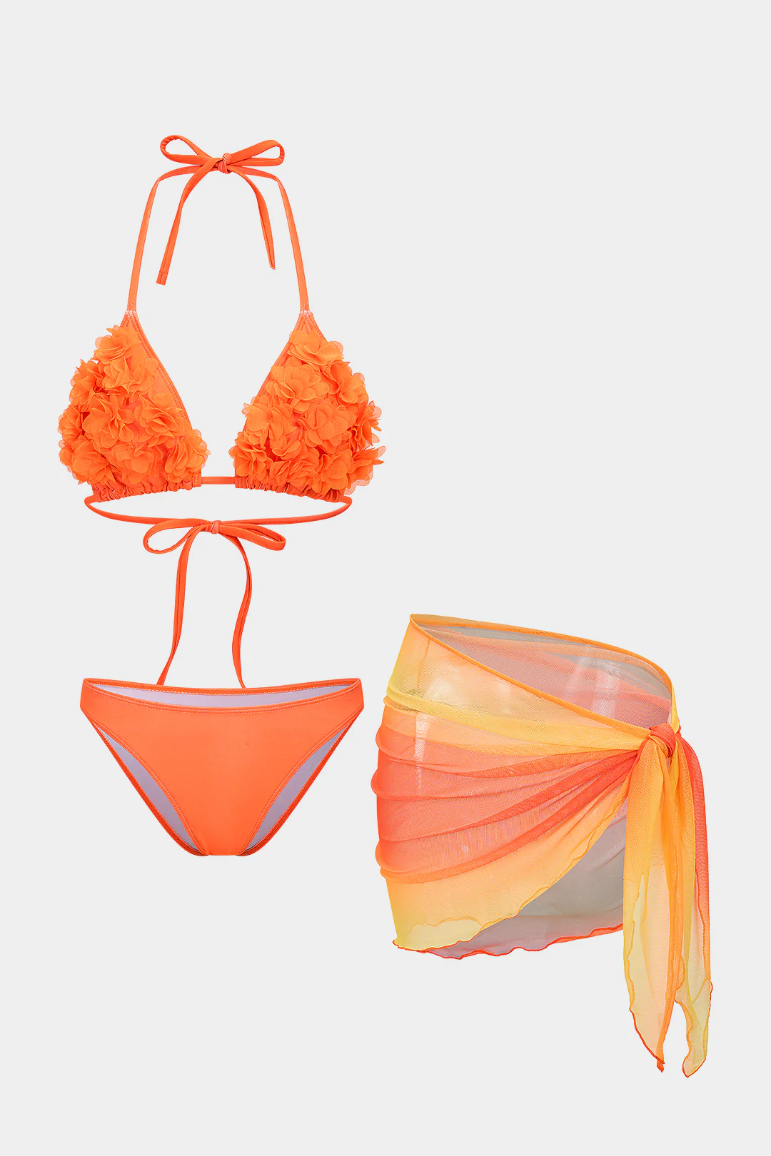 Ombre Print 3D Floral Tie-Up Asymmetrical Bikini Set - Flockneti