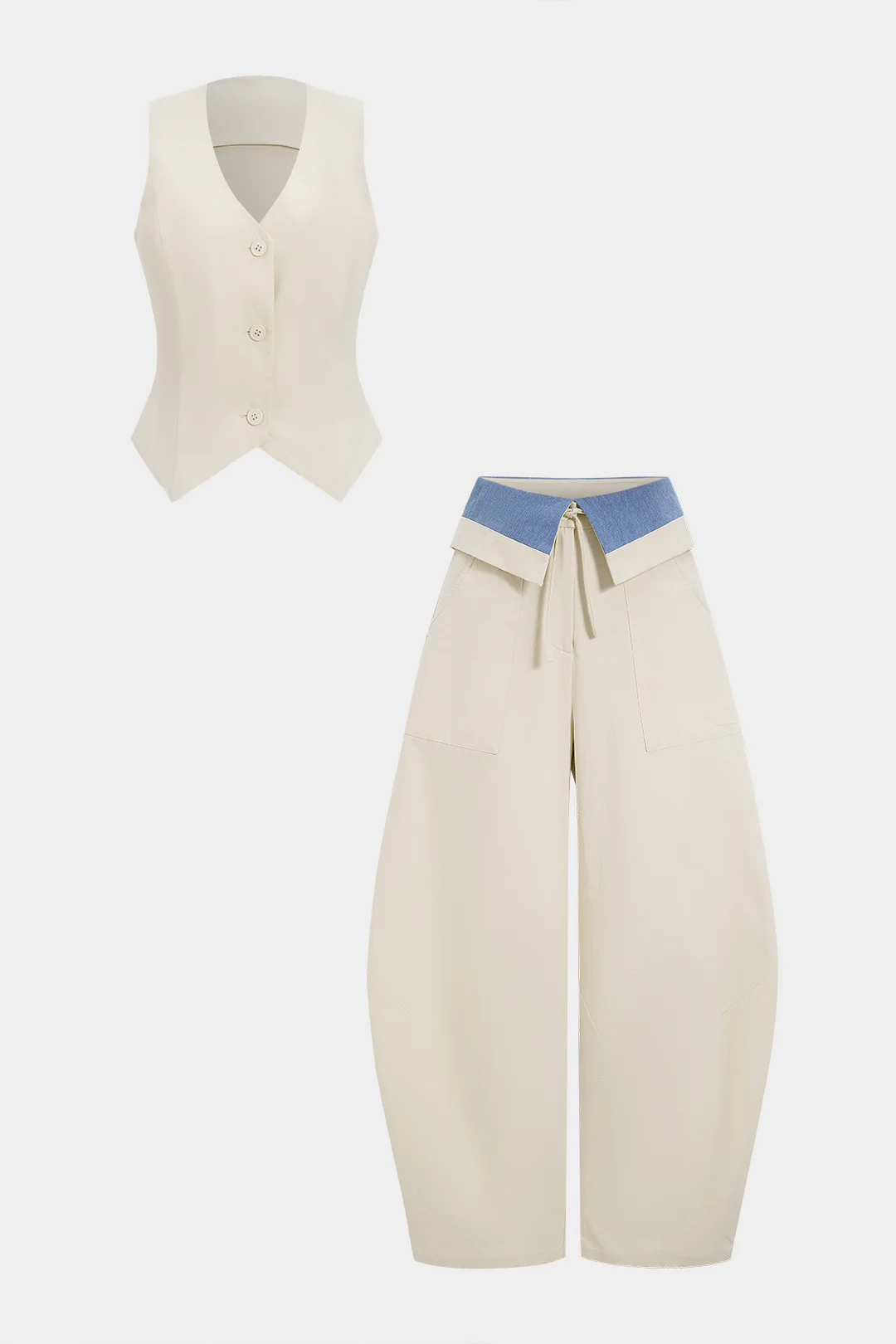 Denim Button Vest And Contrast Drawstring Barrel Trousers Set - Flockneti