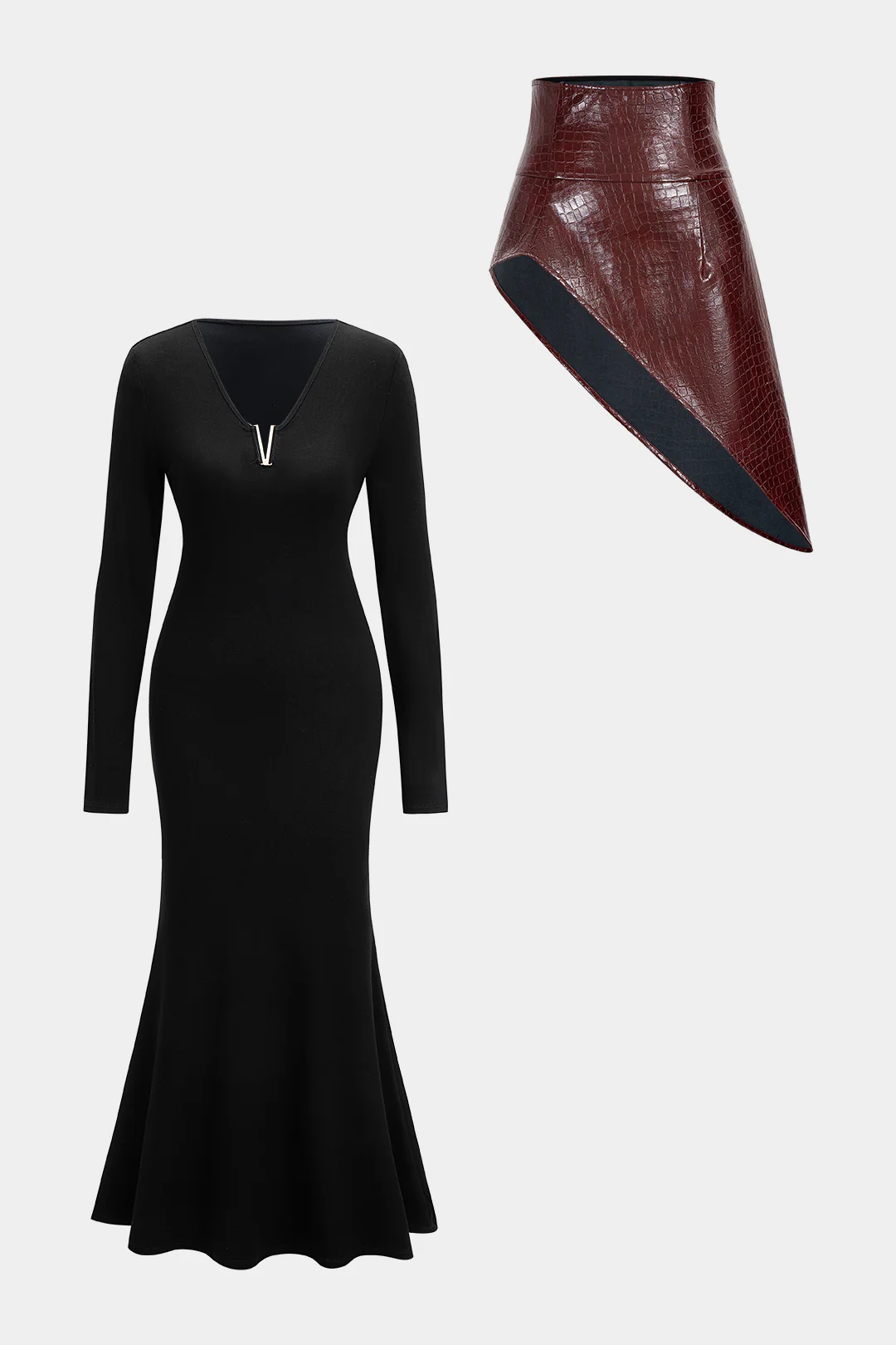 Solid Long-Sleeve Dress And Faux Leather Skirt Set - Flockneti