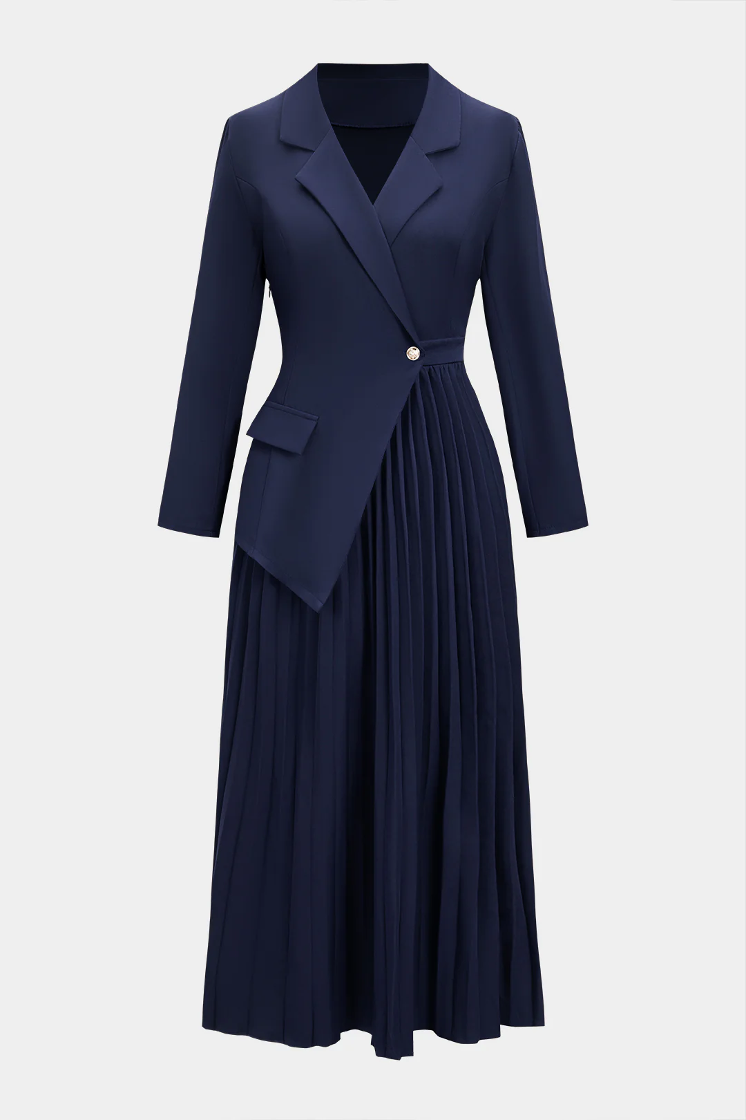 Notched Lapel Pleated Asymmetrical Long-Sleeve Maxi Dress - Flockneti