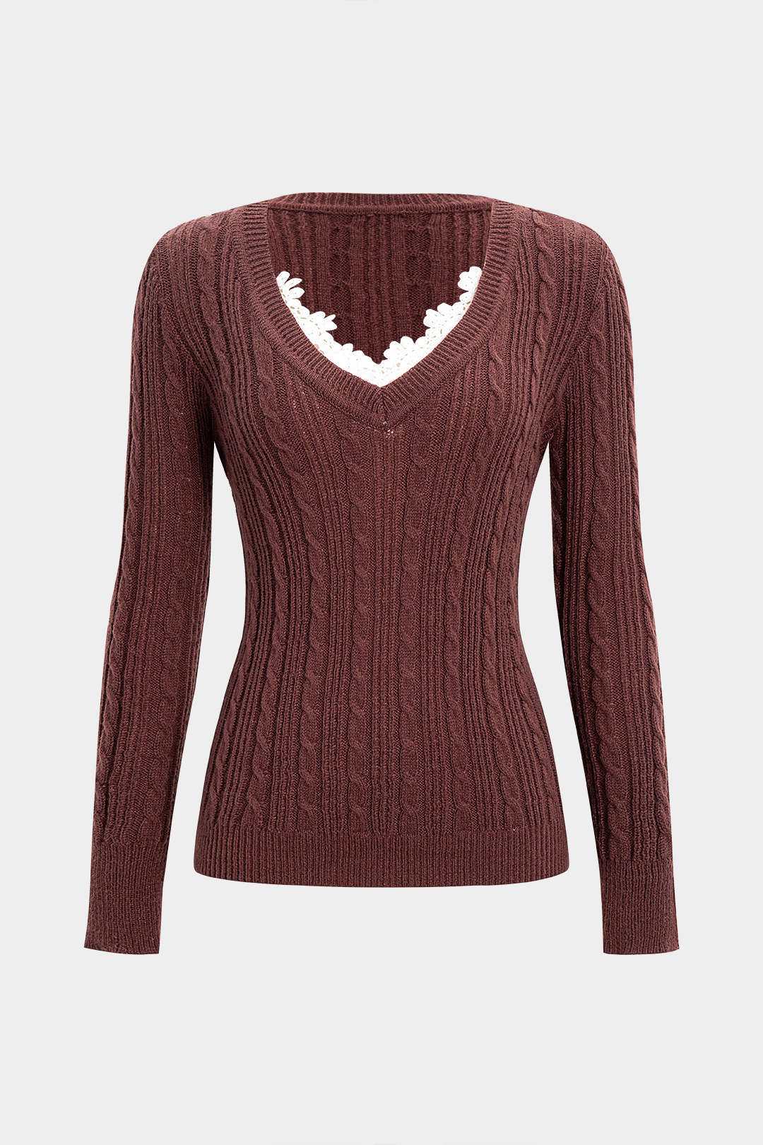 Cable Knit Lace Patchwork V-Neck Long Sleeve Top - Flockneti