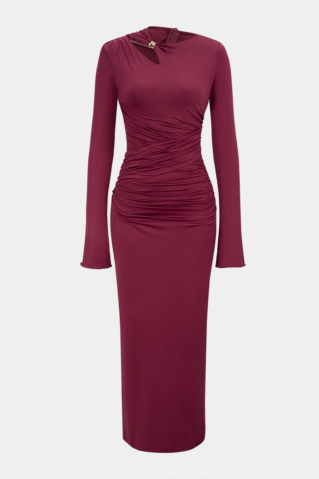 Asymmetrical Cut Out Ruched Long Sleeve Maxi Dress - Flockneti