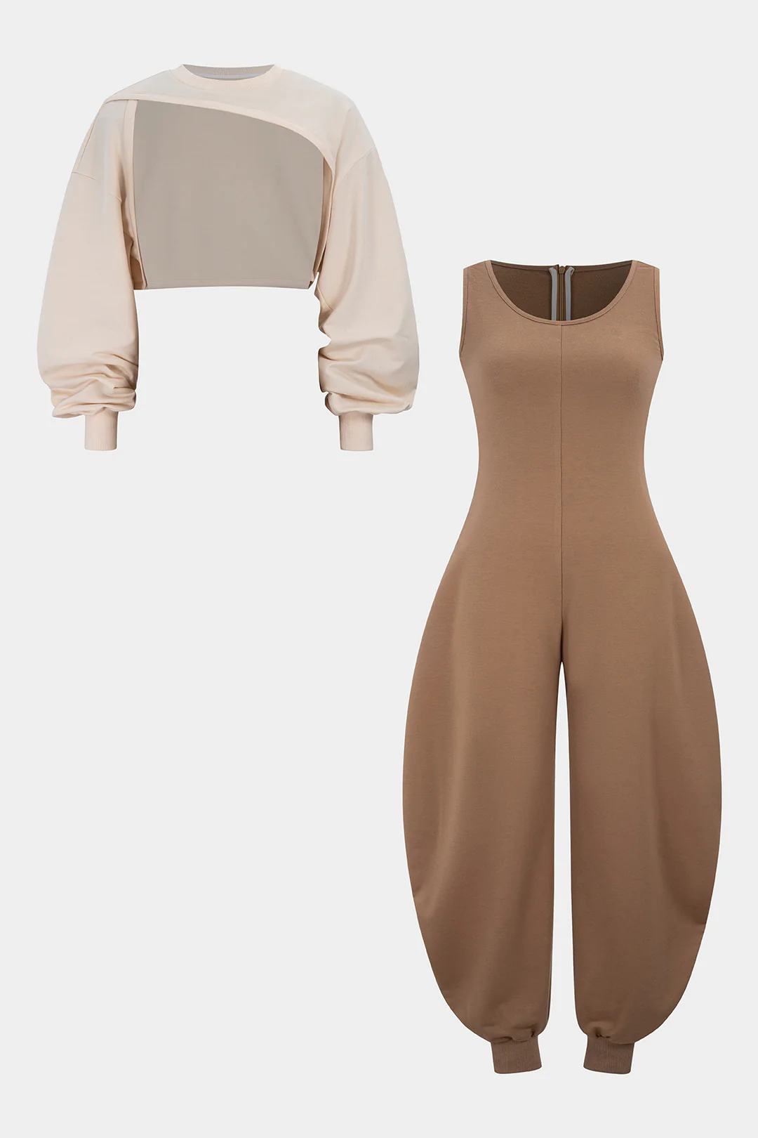 Plus Size Solid Long-Sleeve Top And Sleeveless Jumpsuit Set - Flockneti