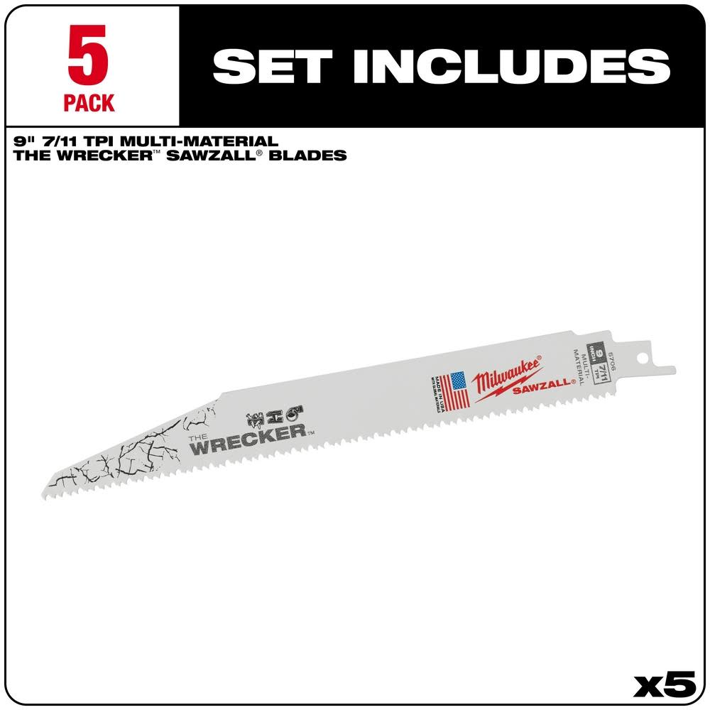 Milwaukee The Wrecker Multi-Material SAWZALL Blade 9 In. 7/11TPI 5 pk - Flockneti