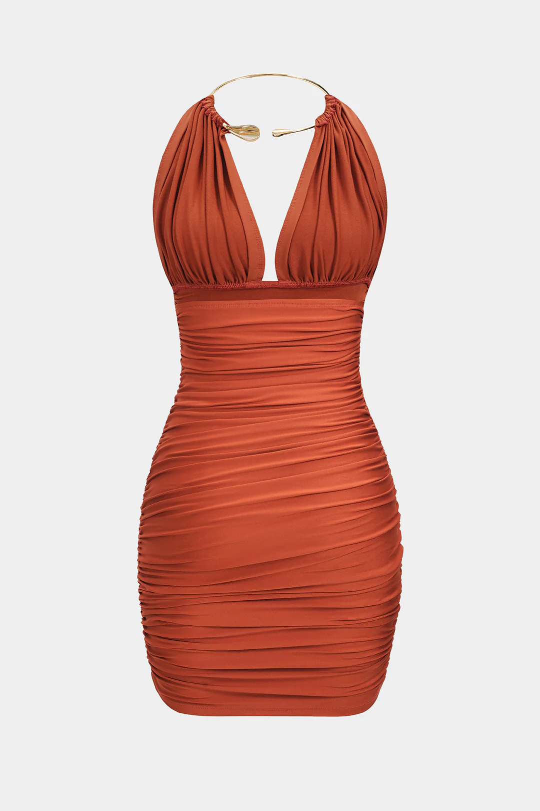 Metallic Halter Backless Ruched Sleeveless Mini Dress - Flockneti