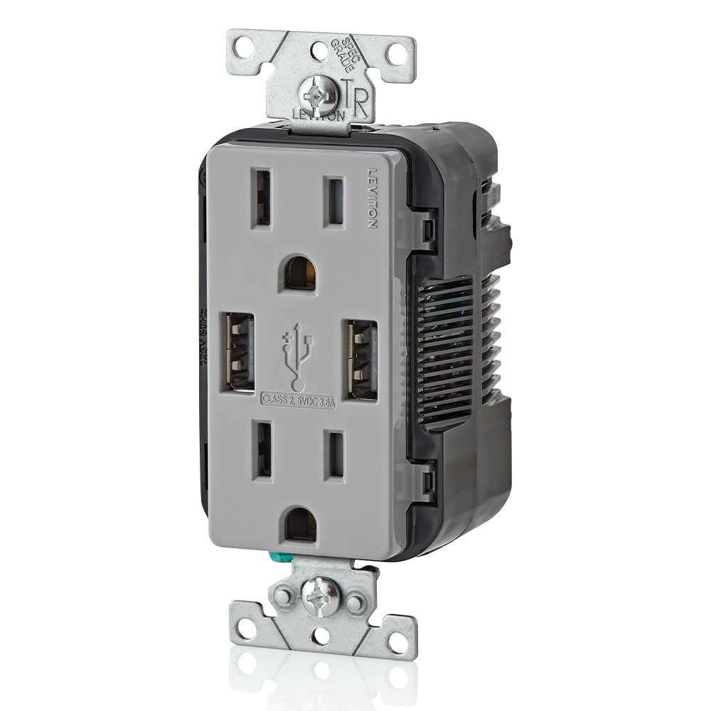 Leviton Decora 15A 125V Gray NEMA 5-15R Outlet & USB Charger - Flockneti