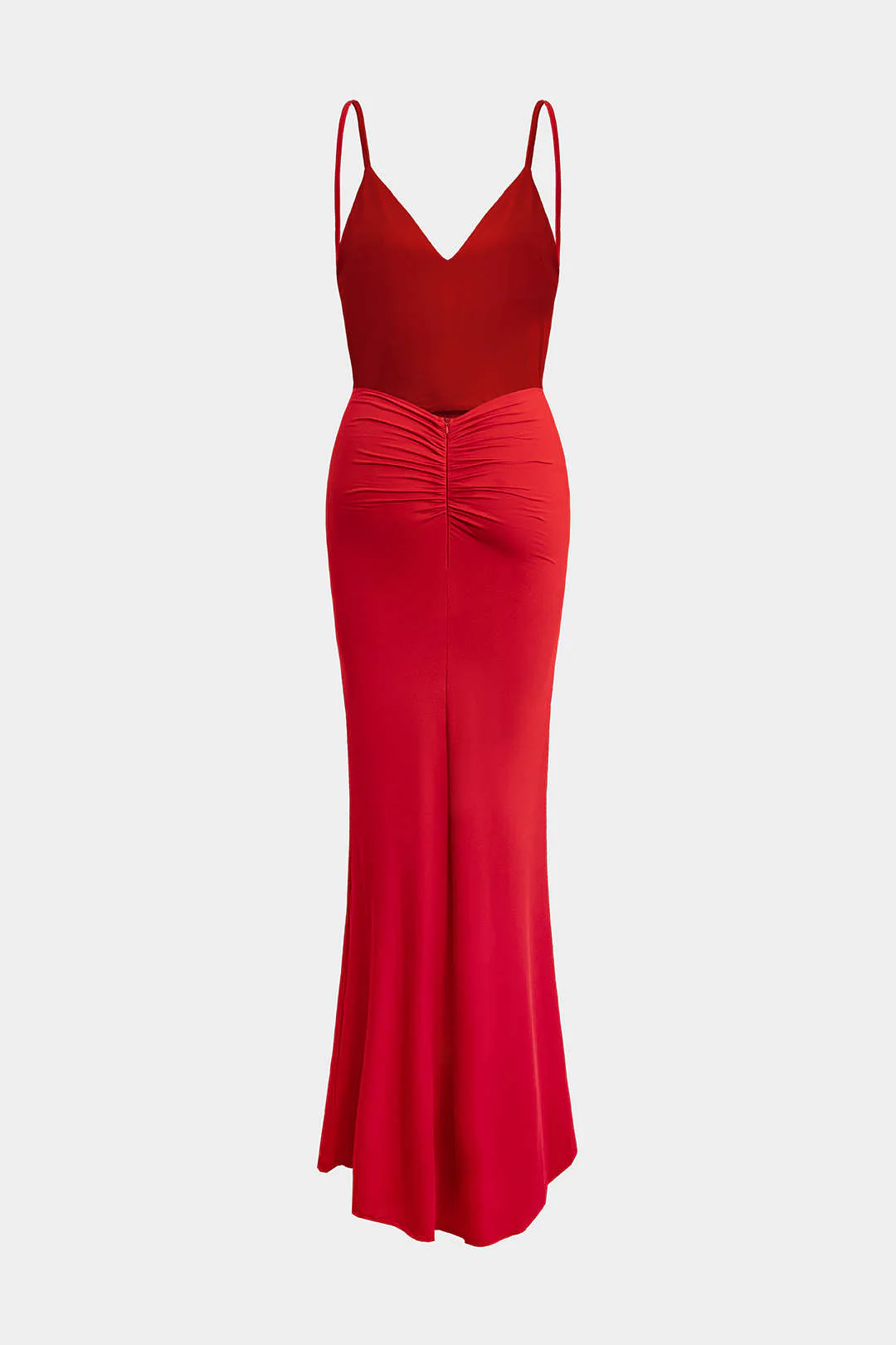 Solid V-Neck Ruched Backless Sleeveless Maxi Dress - Flockneti
