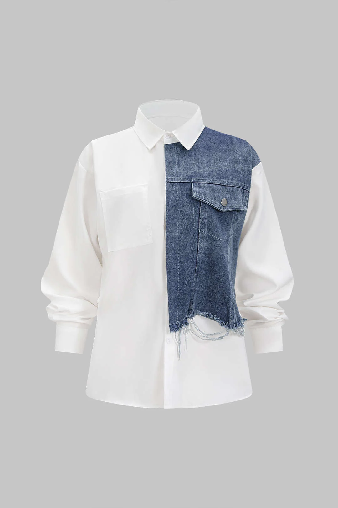 Denim Patchwork Frayed Asymmetrical Pocket Long-Sleeve Shirt - Flockneti