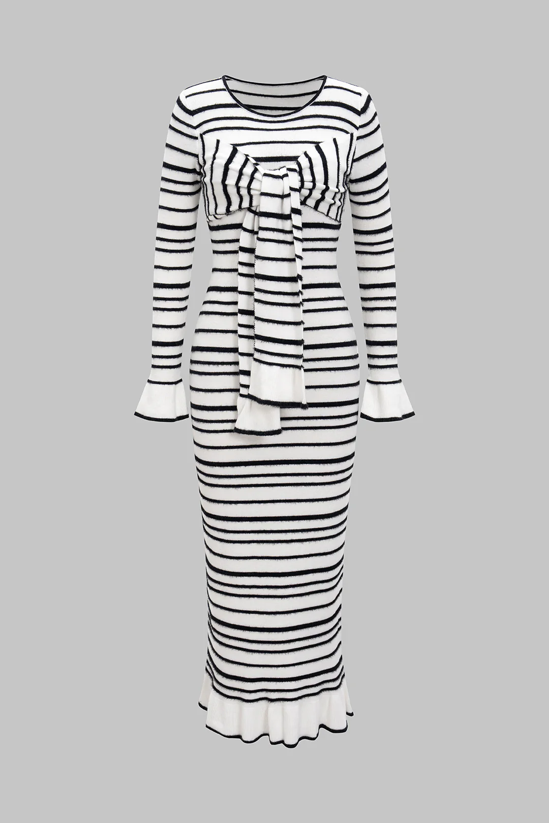 Knit Contrast Strappy Bell Long Sleeve Dress - Flockneti