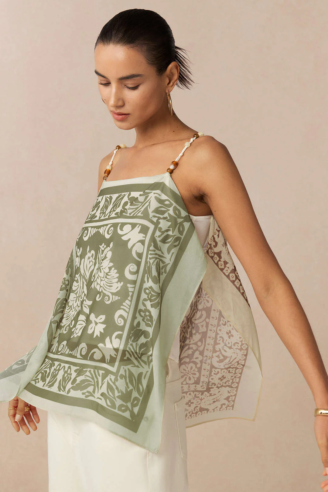 Artistic Print Satin Patchwork Chiffon Beaded Cami Top - Flockneti