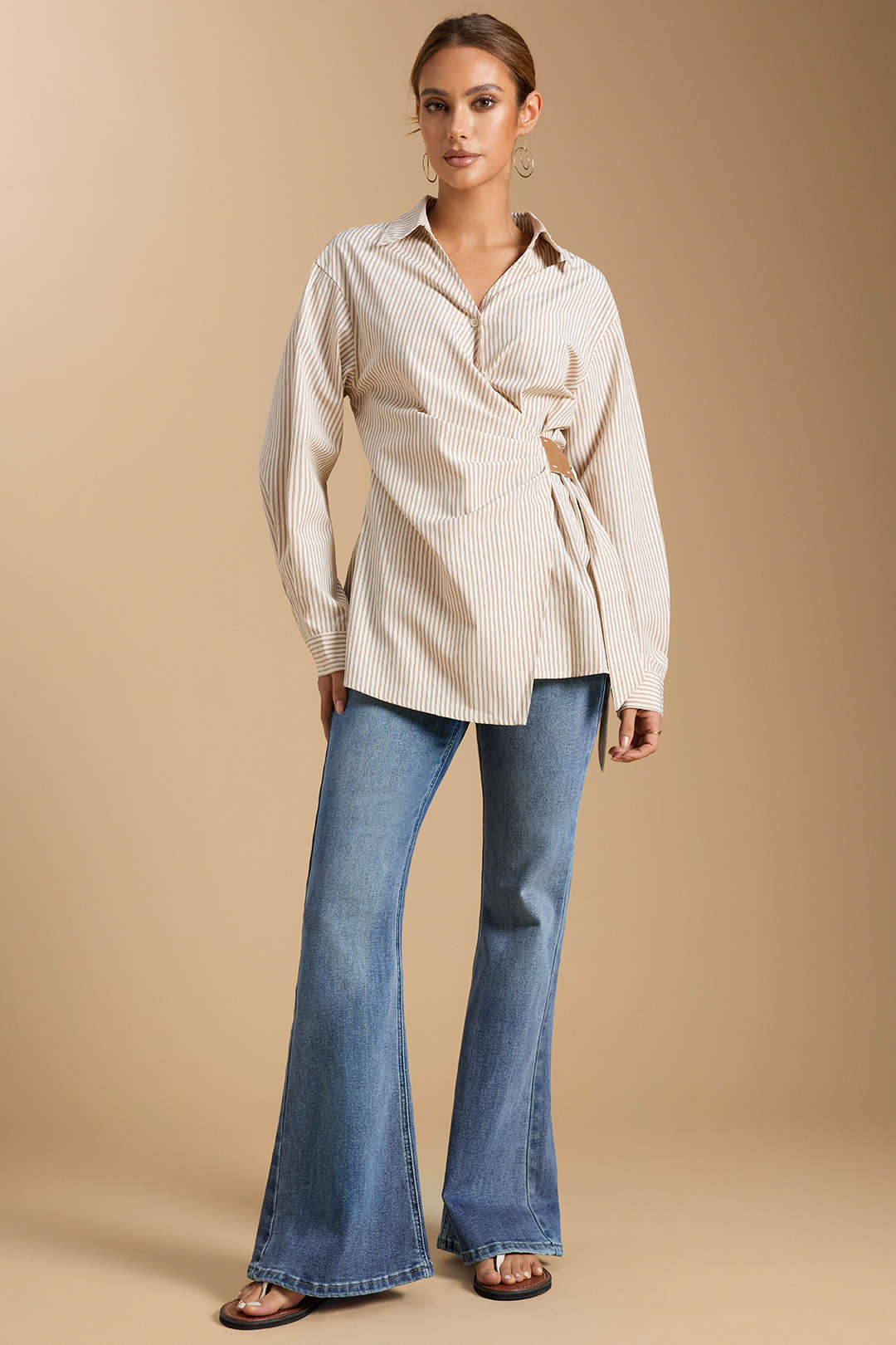 Stripes Print Button Ruched Long-Sleeve Shirt - Flockneti