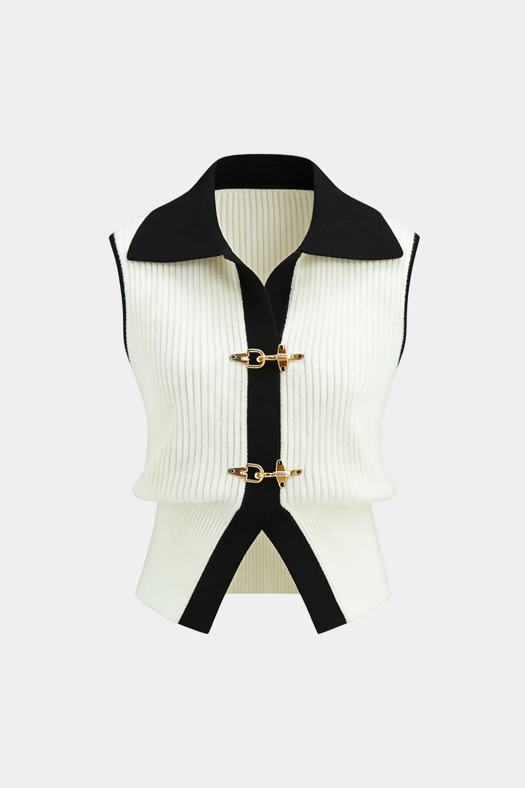 Knit Contrast Binding Lapel Metallic Buckle Tank Top - Flockneti