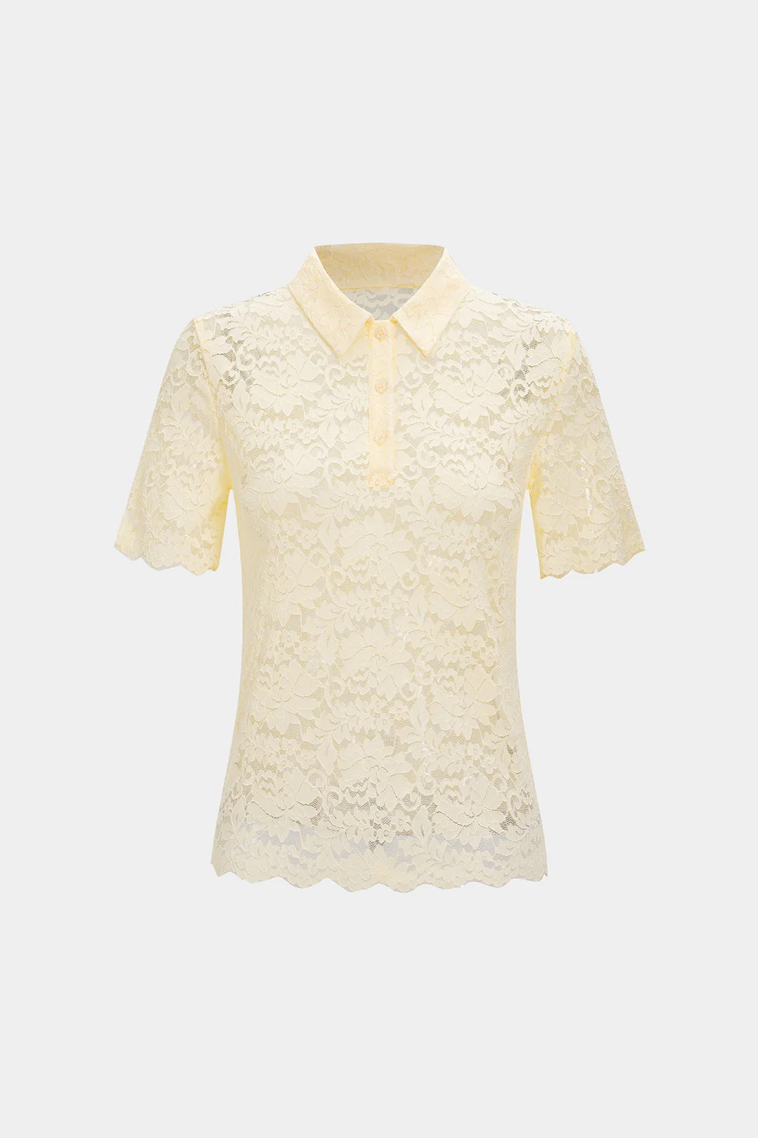 Knit Patchwork Floral Lace Polo Collar Short-Sleeve Top - Flockneti