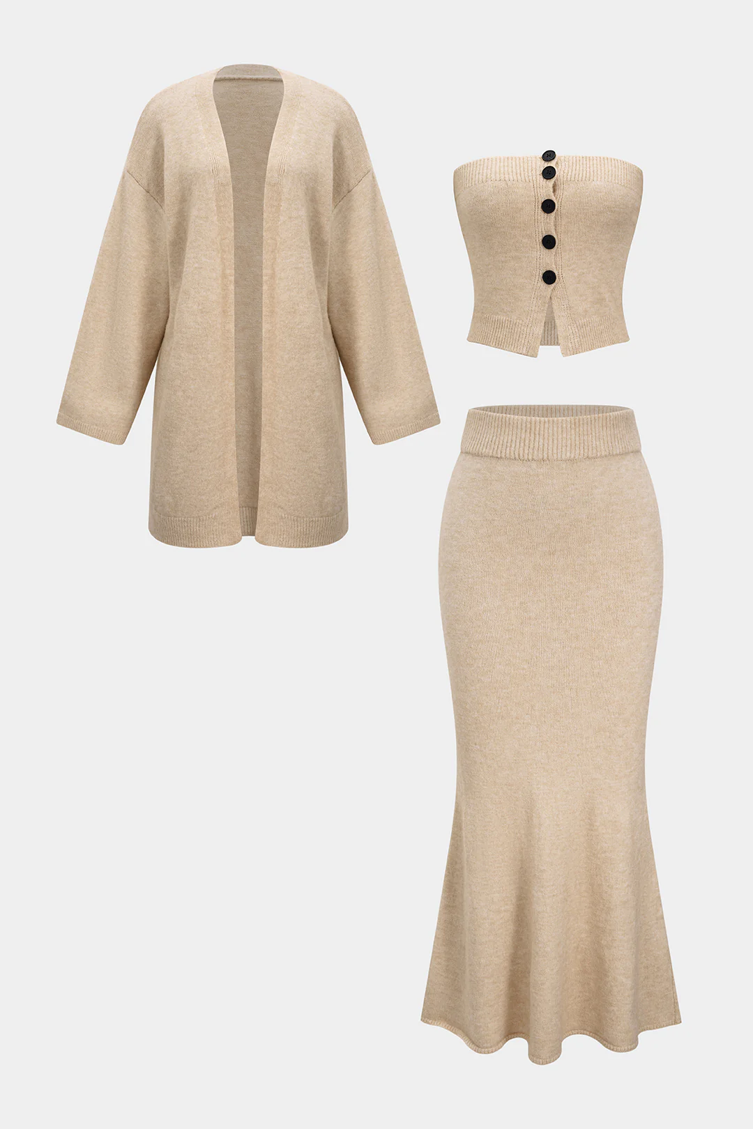 Knit Long Cardigan And Button Strapless Tube Top And Skirt Set - Flockneti