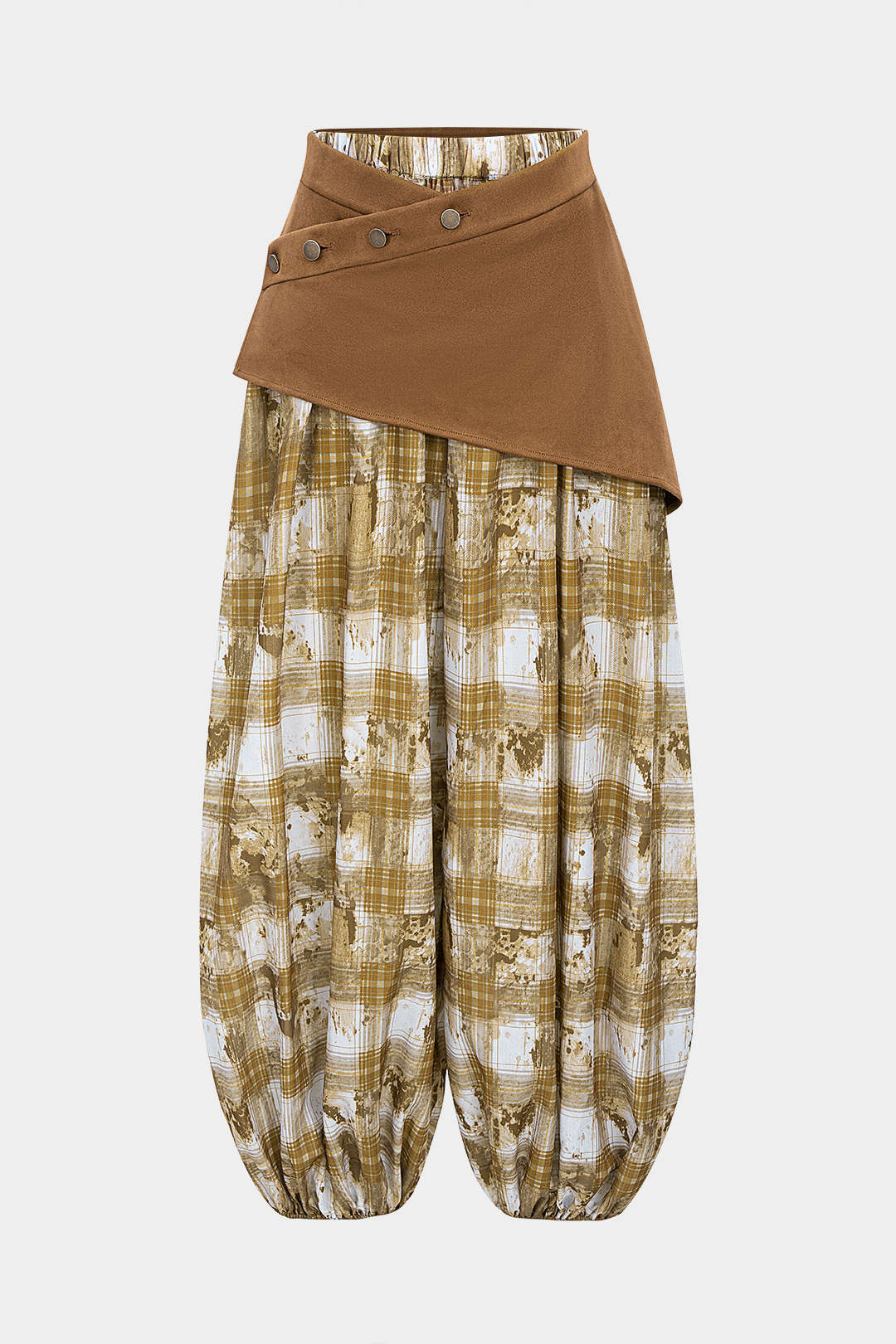 Plaid Print Shirred Waistband Patchwork Button Asymmetrical Lantern Trousers - Flockneti