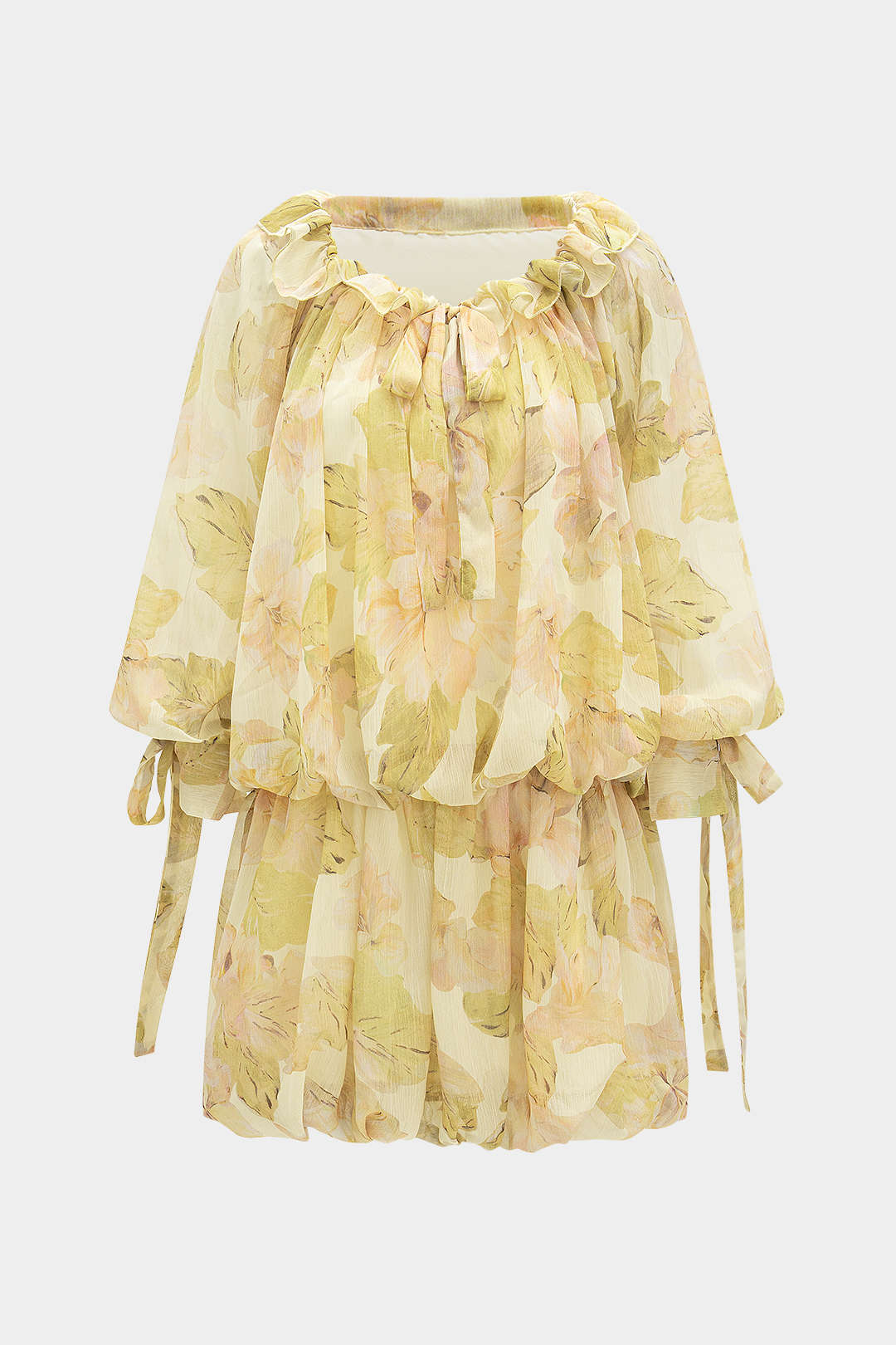 Mesh Floral Print Off Shoulder Ruffle Long-Sleeve Mini Dress - Flockneti