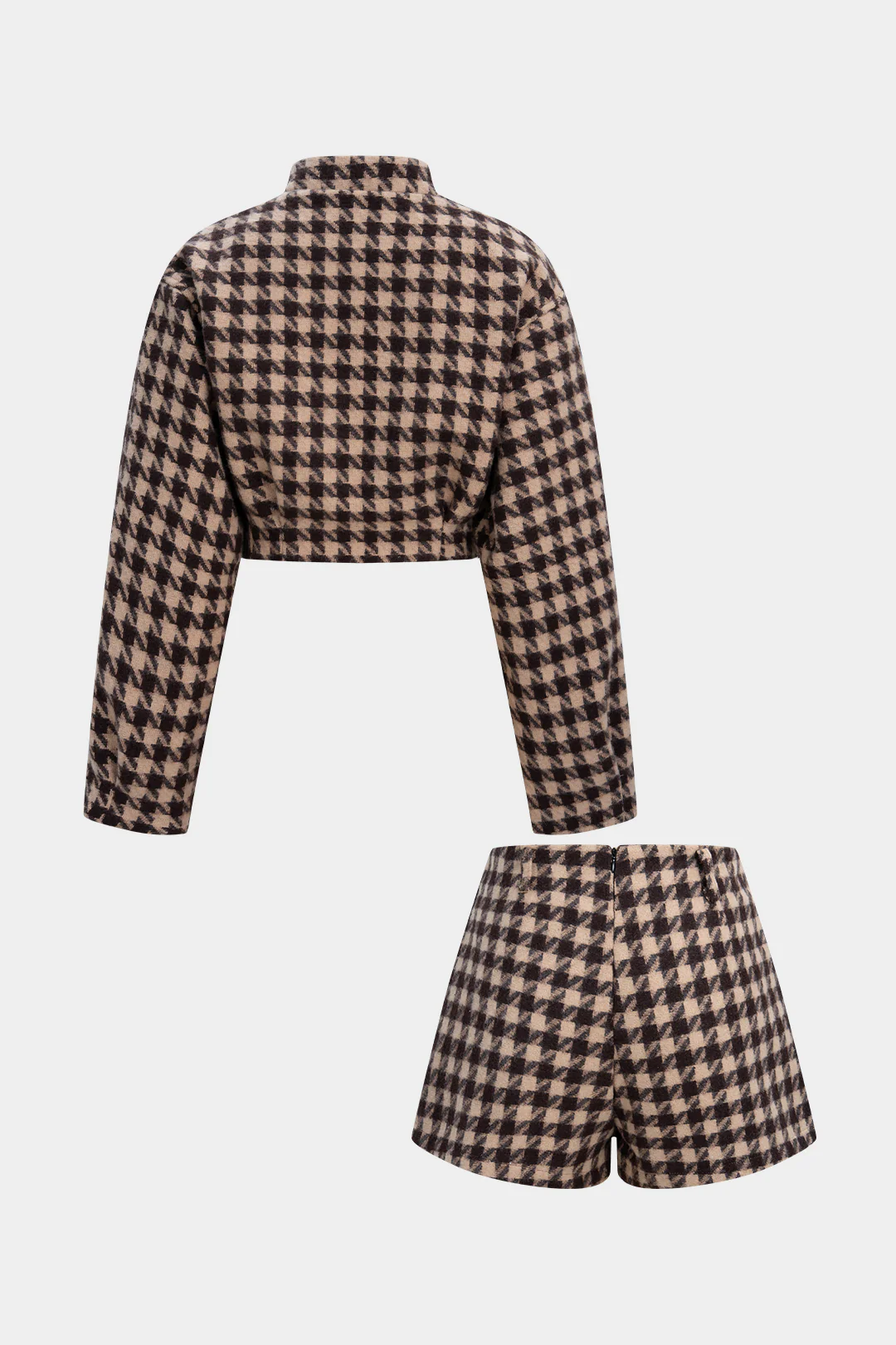 Houndstooth Print Long-Sleeve Top And Zipper Shorts Set - Flockneti