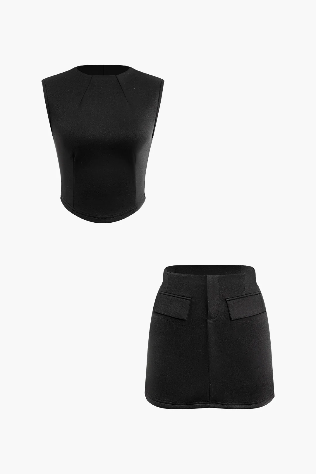 Solid Cami Top And Fake Pockets Skirt Set - Flockneti