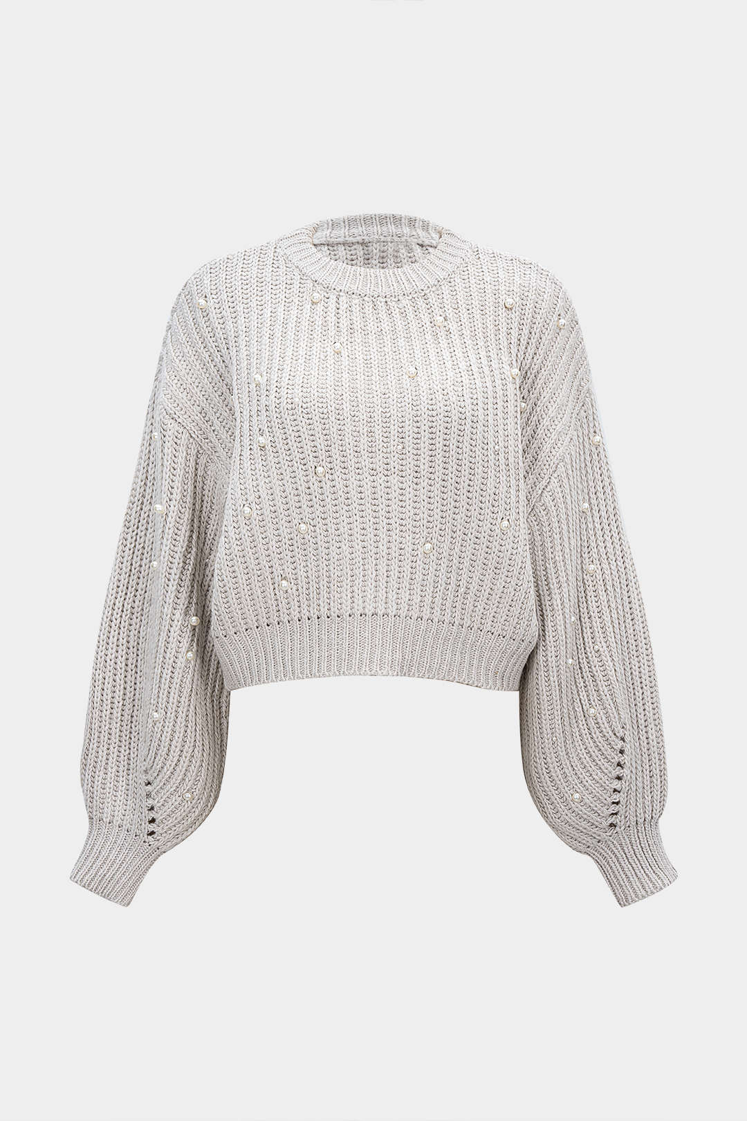 Knit Beaded Decor Round Neck Long-Sleeve Top - Flockneti