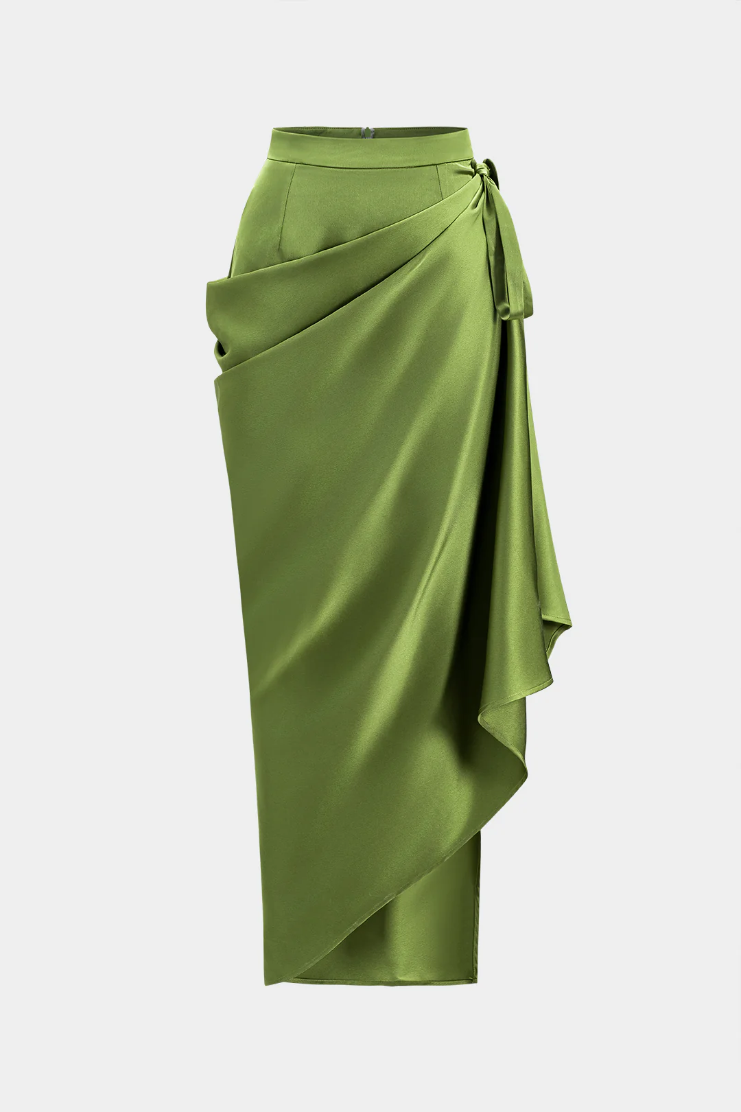 Satin Asymmetrical Ruched Tie Knot Zipper Skirt - Flockneti