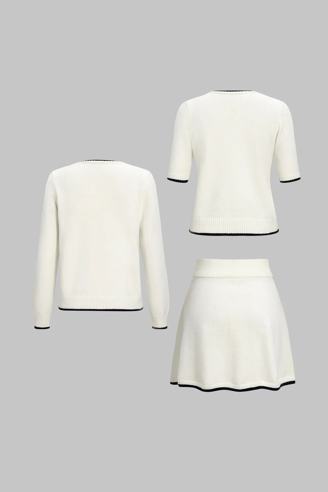 Knit 3PC Contrast Binding Round Neck Cardigan And Mini Skirt Set - Flockneti