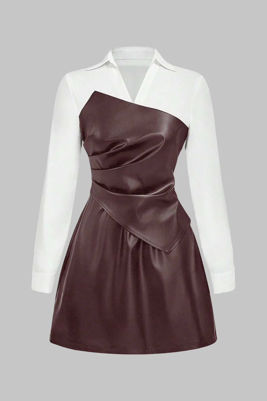 Faux Leather Patchwork Asymmetrical Ruched Long Sleeve Mini Dress - Flockneti