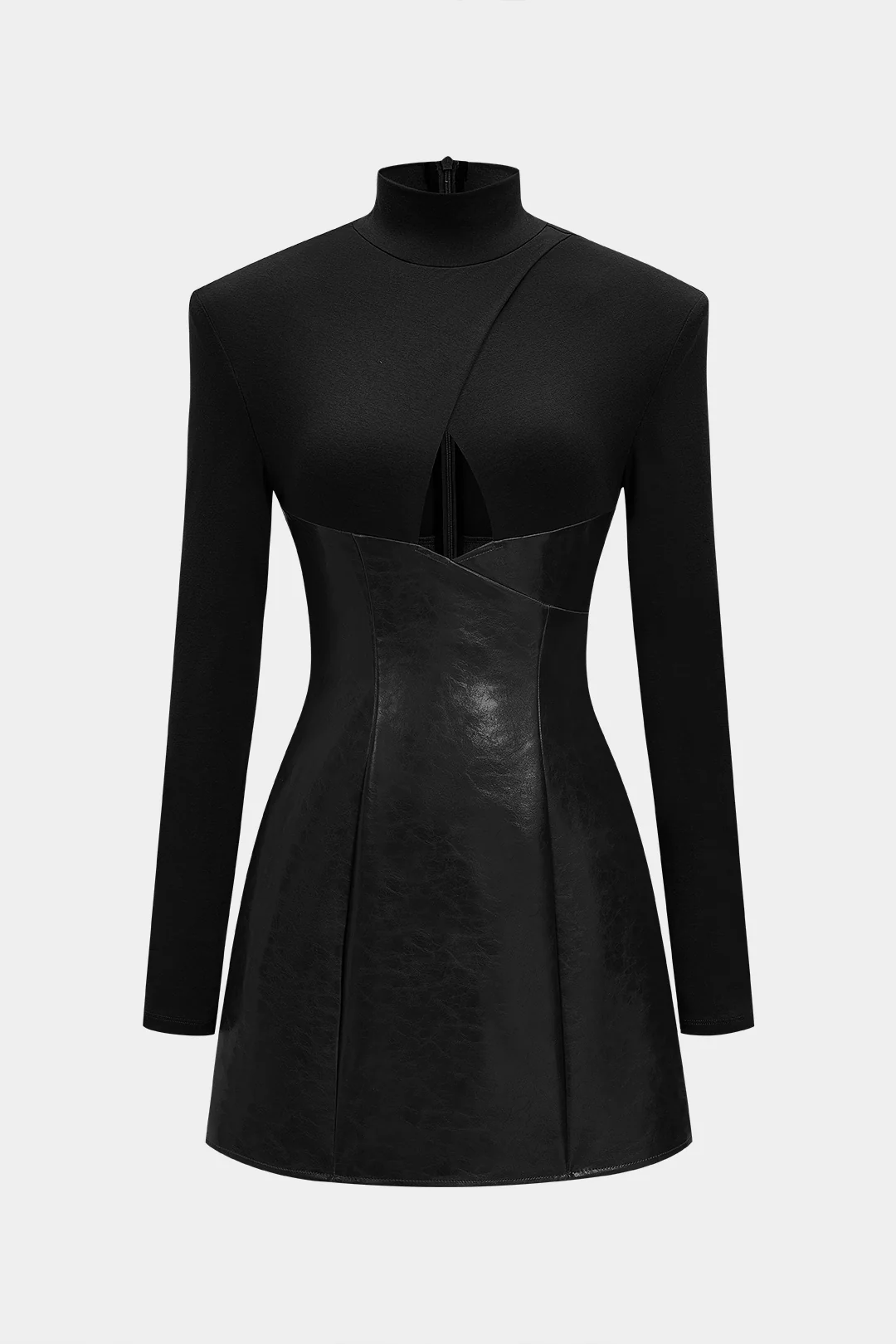 Mock Neck Faux Leather Patchwork Cut Out Long Sleeve Mini Dress - Flockneti